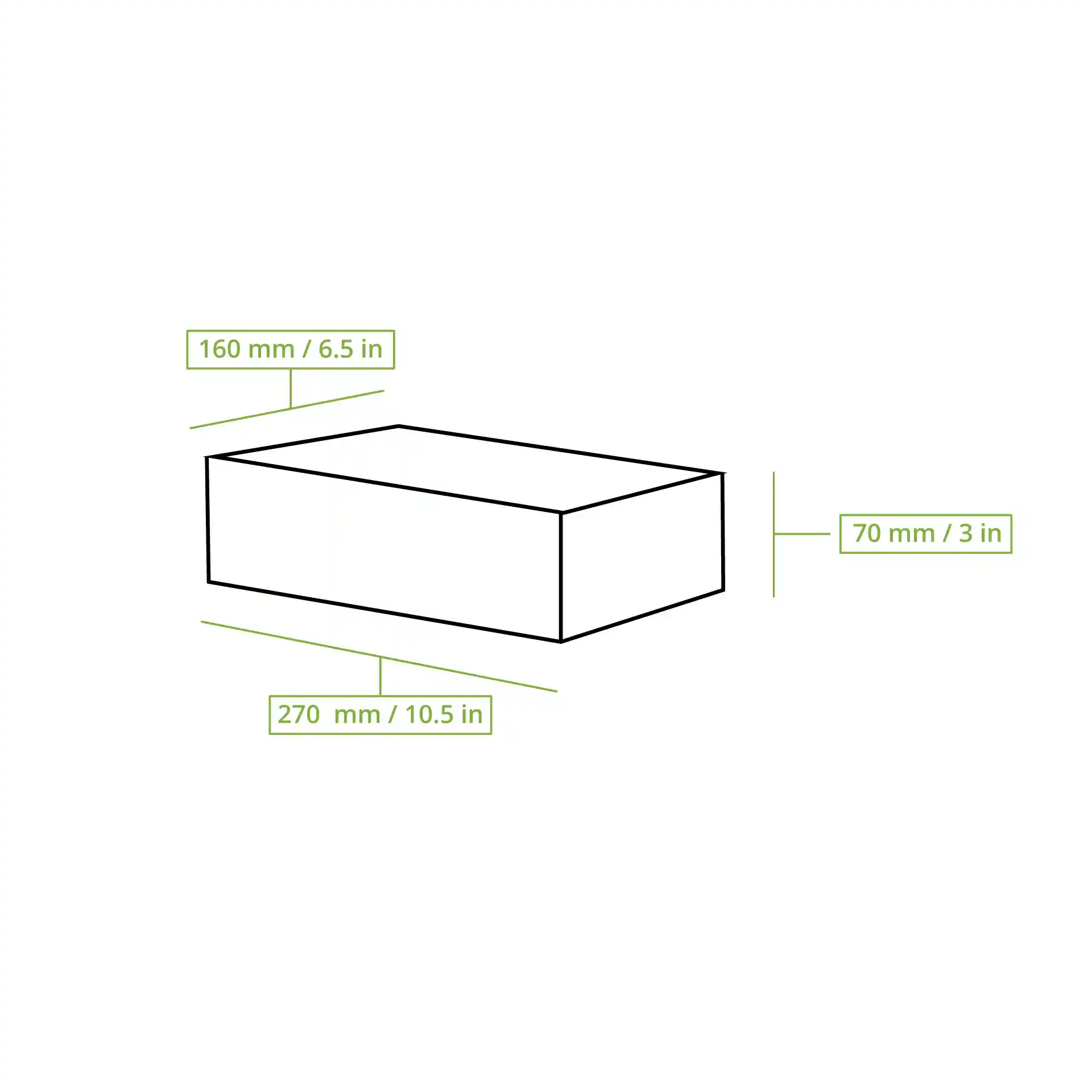 Schematic drawing of a rectangular box with dimensions labeled: 270 mm length, 160 mm width, and 70 mm height.