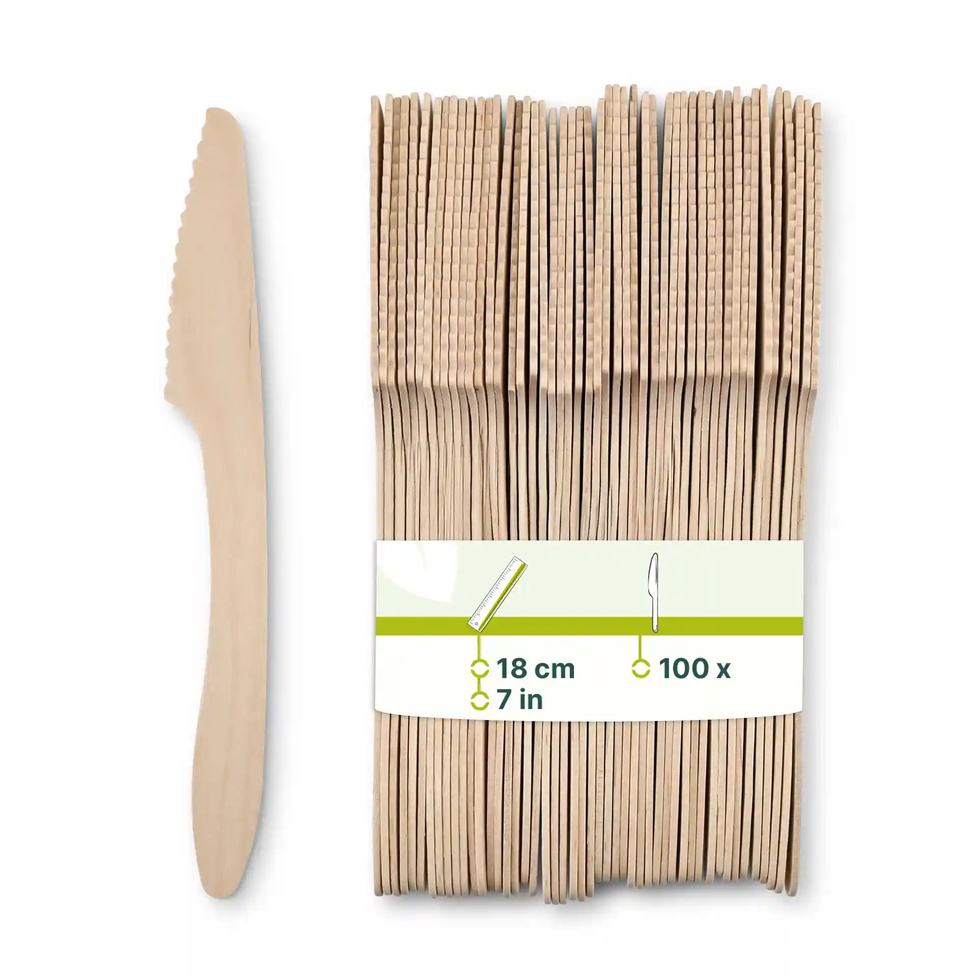 Wooden knife, 18 cm long, with a brown color, shown alongside a bundle of similar knives.