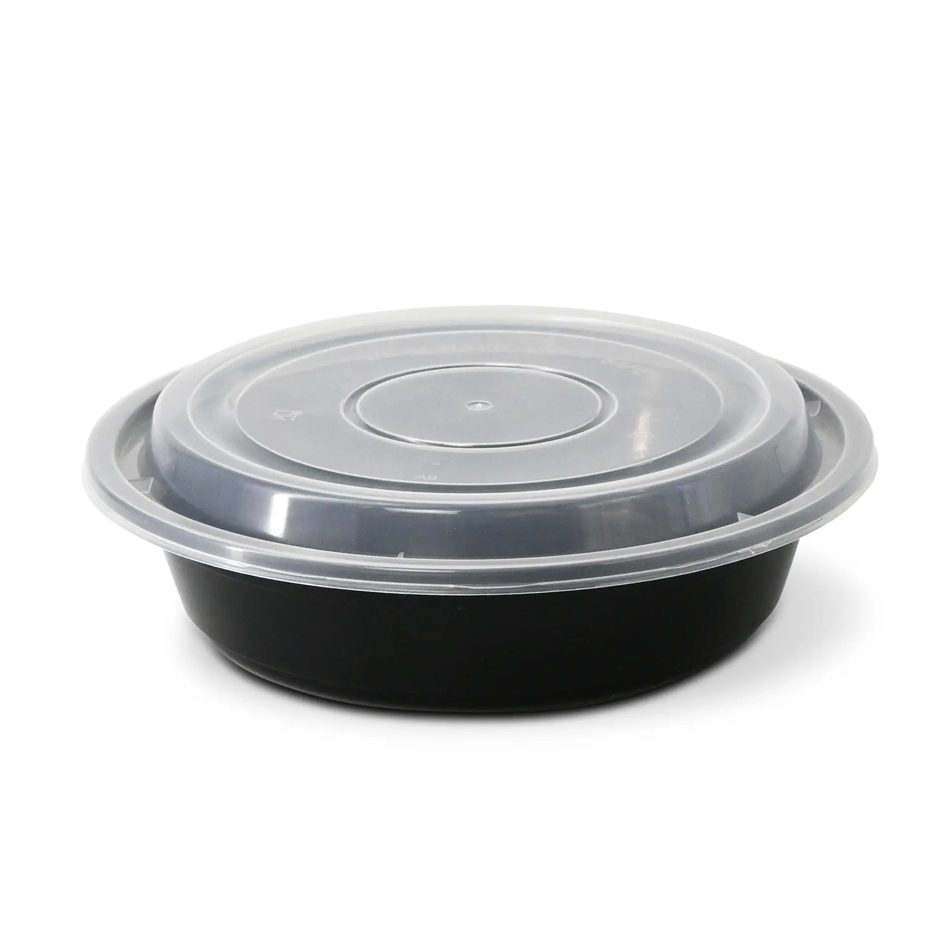 Round black reusable plate with a clear plastic lid, suitable for hot and cold dishes; microwave and dishwasher safe.
