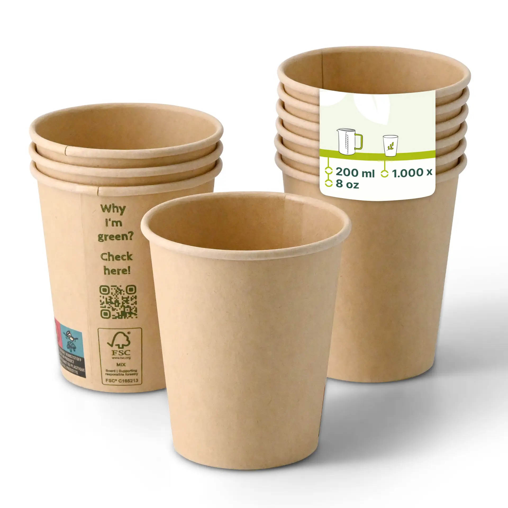 Paper cup 200 ml / 8 oz, Ø 80 mm, single wall, brown, PLA-coated