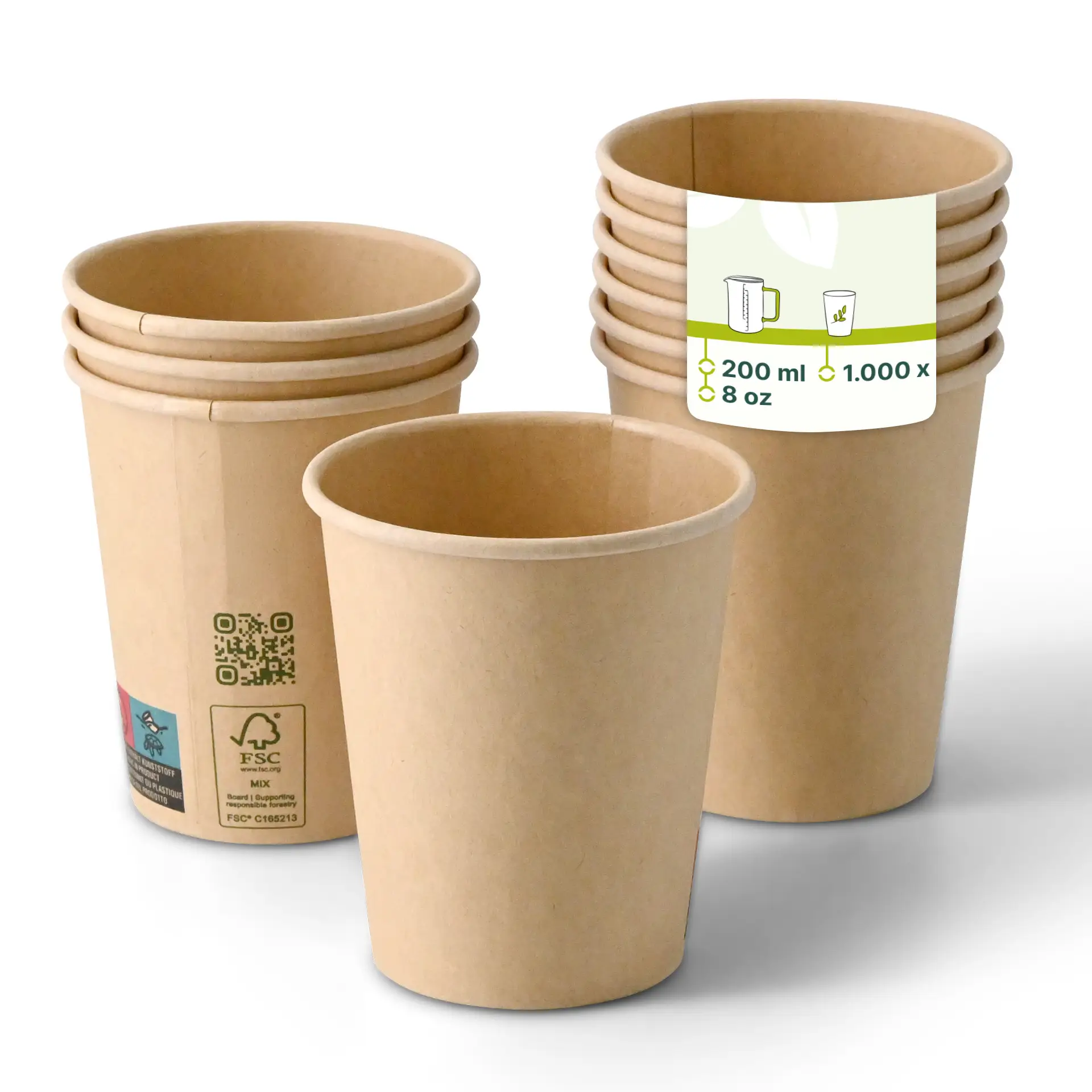 Single-wall brown paper cup, 200 ml / 8 oz, PLA-coated, stackable; label with QR code and sustainability information.
