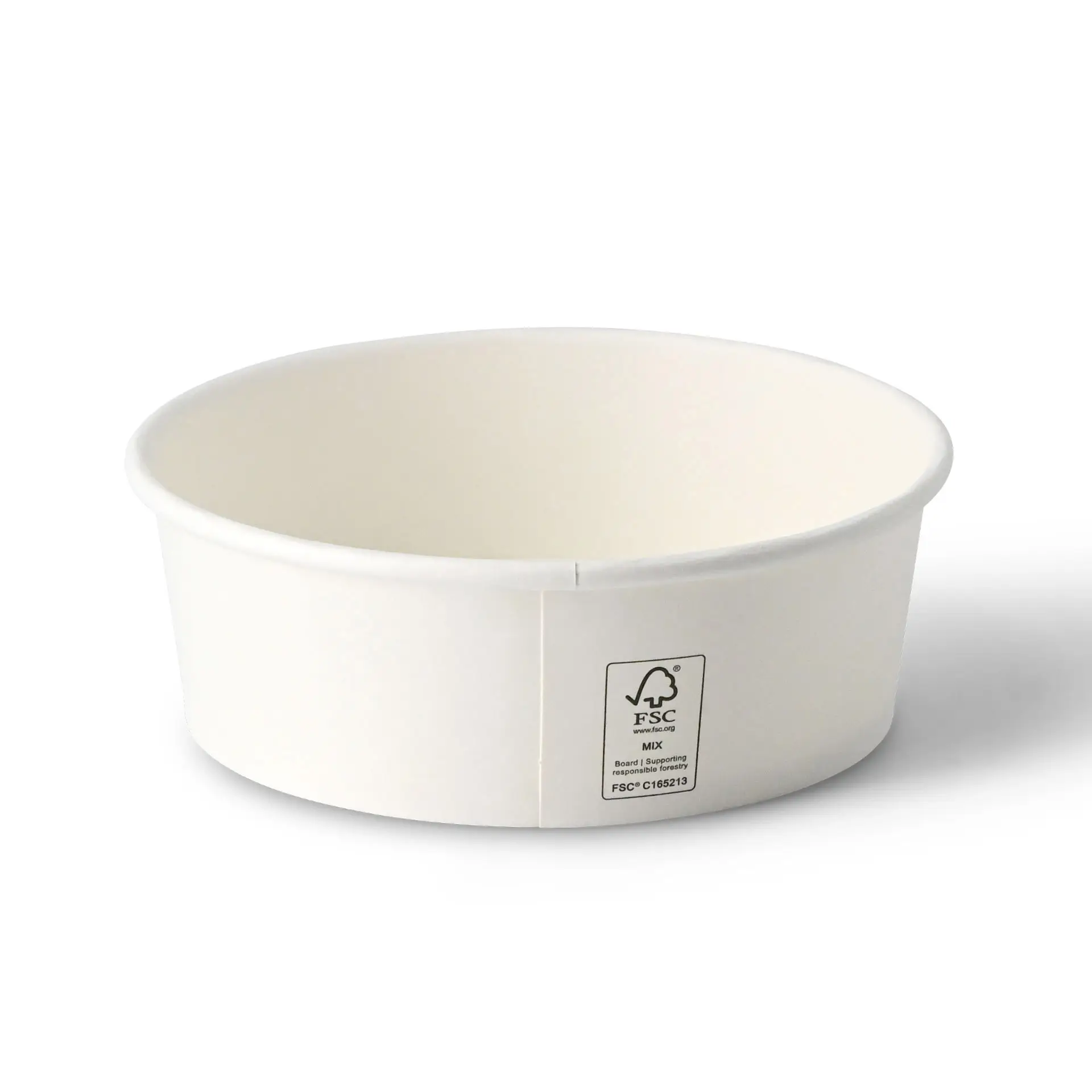 White round paper bowl with a diameter of 150 mm and a height of 52 mm, featuring a visible label on the side.