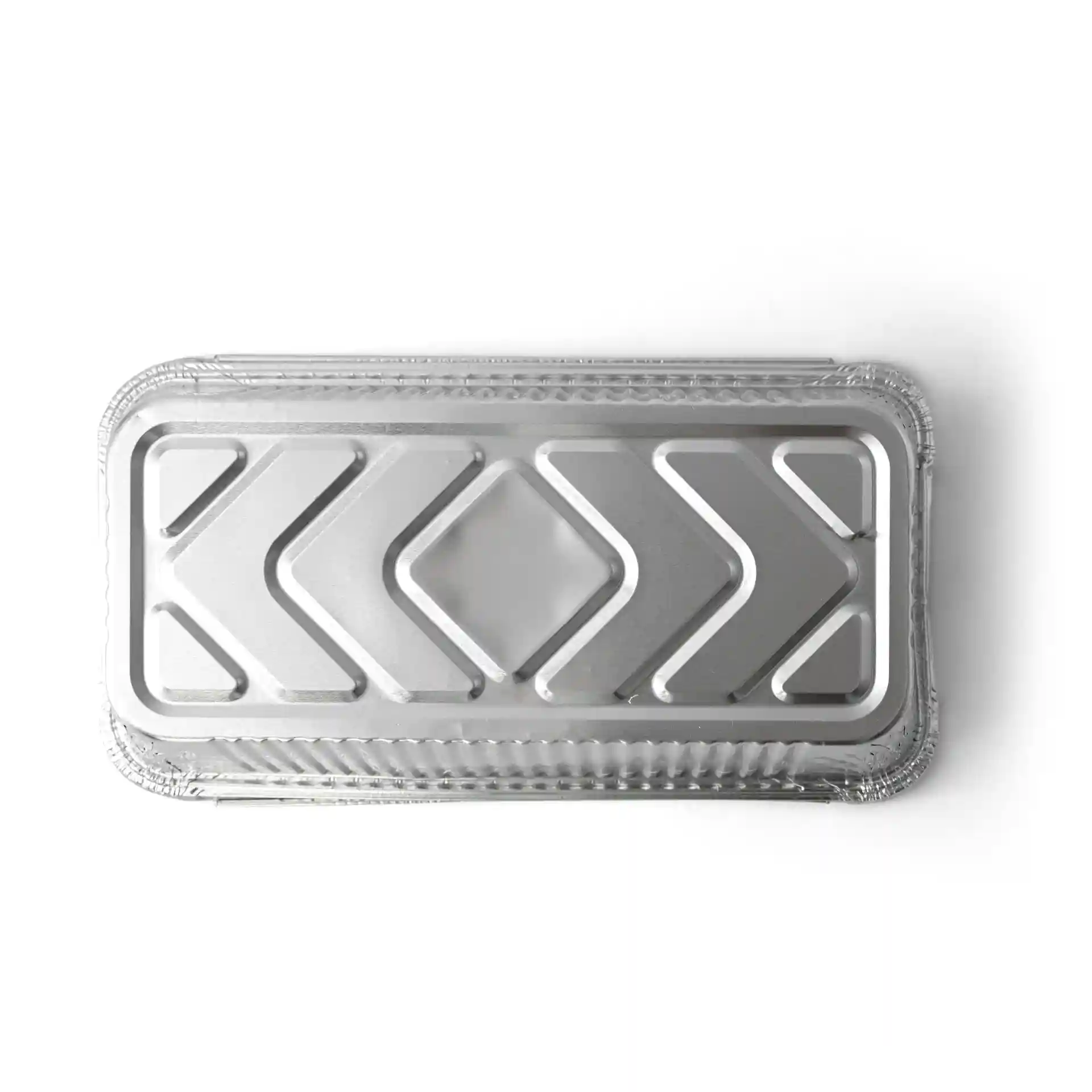 Rectangular aluminium container measuring 21.8 x 11.3 x 5.4 cm with a patterned lid.