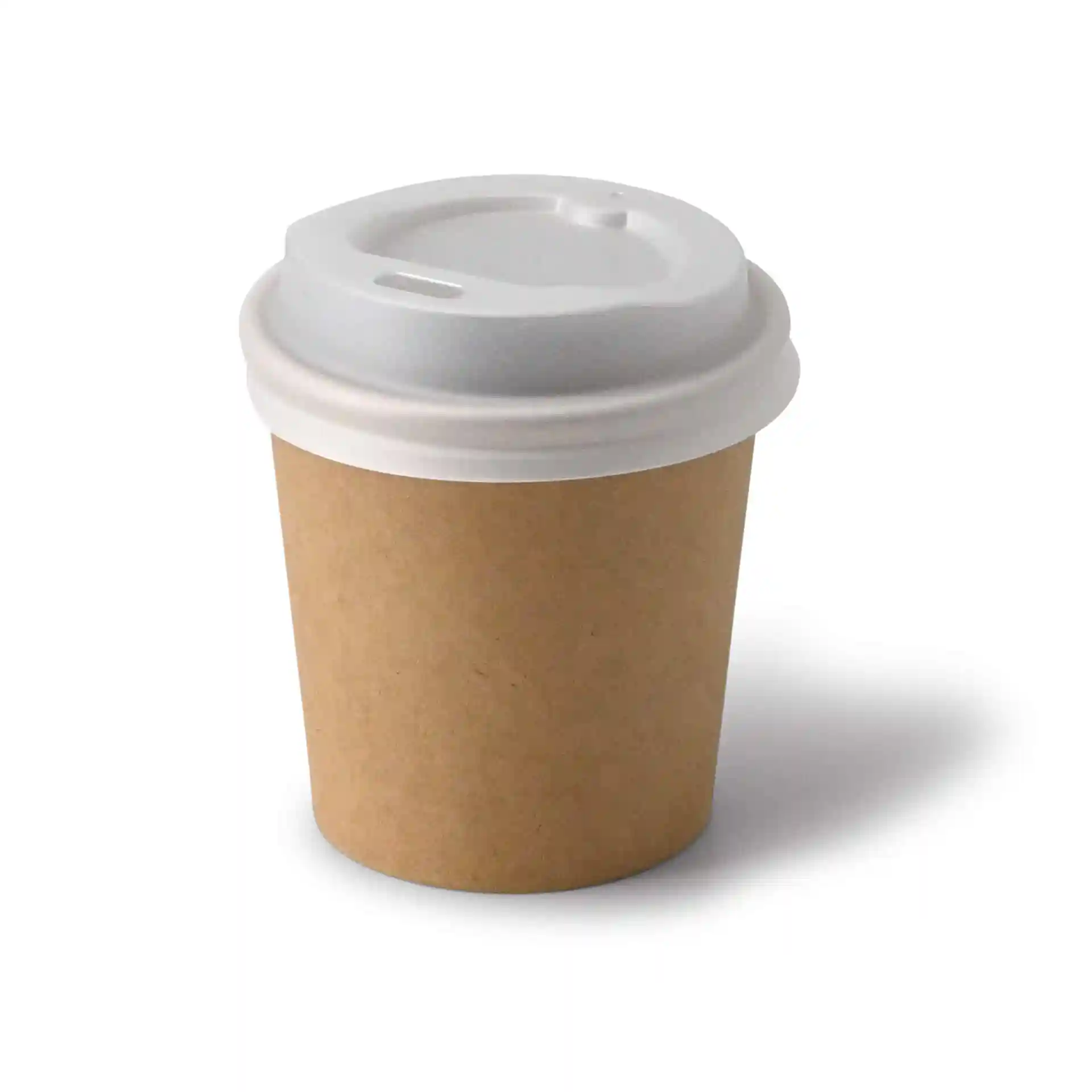 Brown paper cup with a white lid, round shape, 4 oz capacity, made of cardboard.