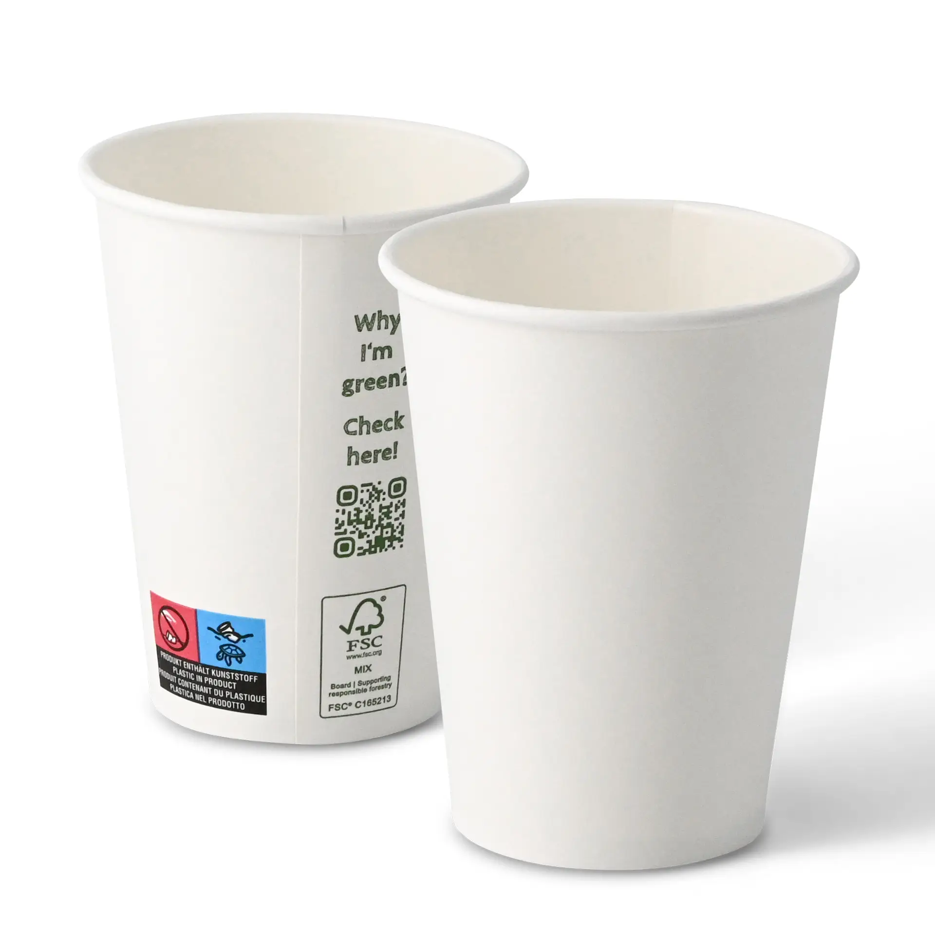 One white paper cup, 300 ml, with PLA coating for hot and cold drinks; another similar cup slightly behind.