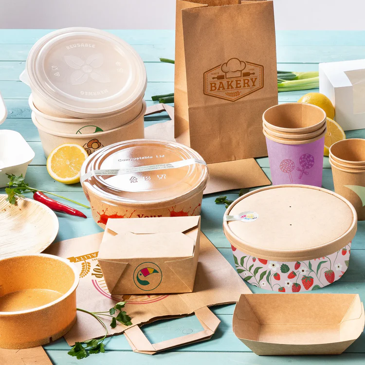 Assorted paper and cardboard food containers, including cups, boxes, and a bag with "BAKERY" logo, on a blue surface.
