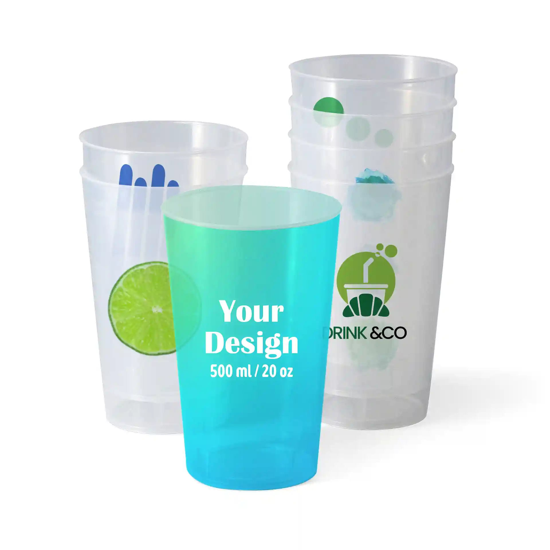 Clear reusable cup with a digital print design, 500 ml capacity, round shape, and several similar cups in the background.