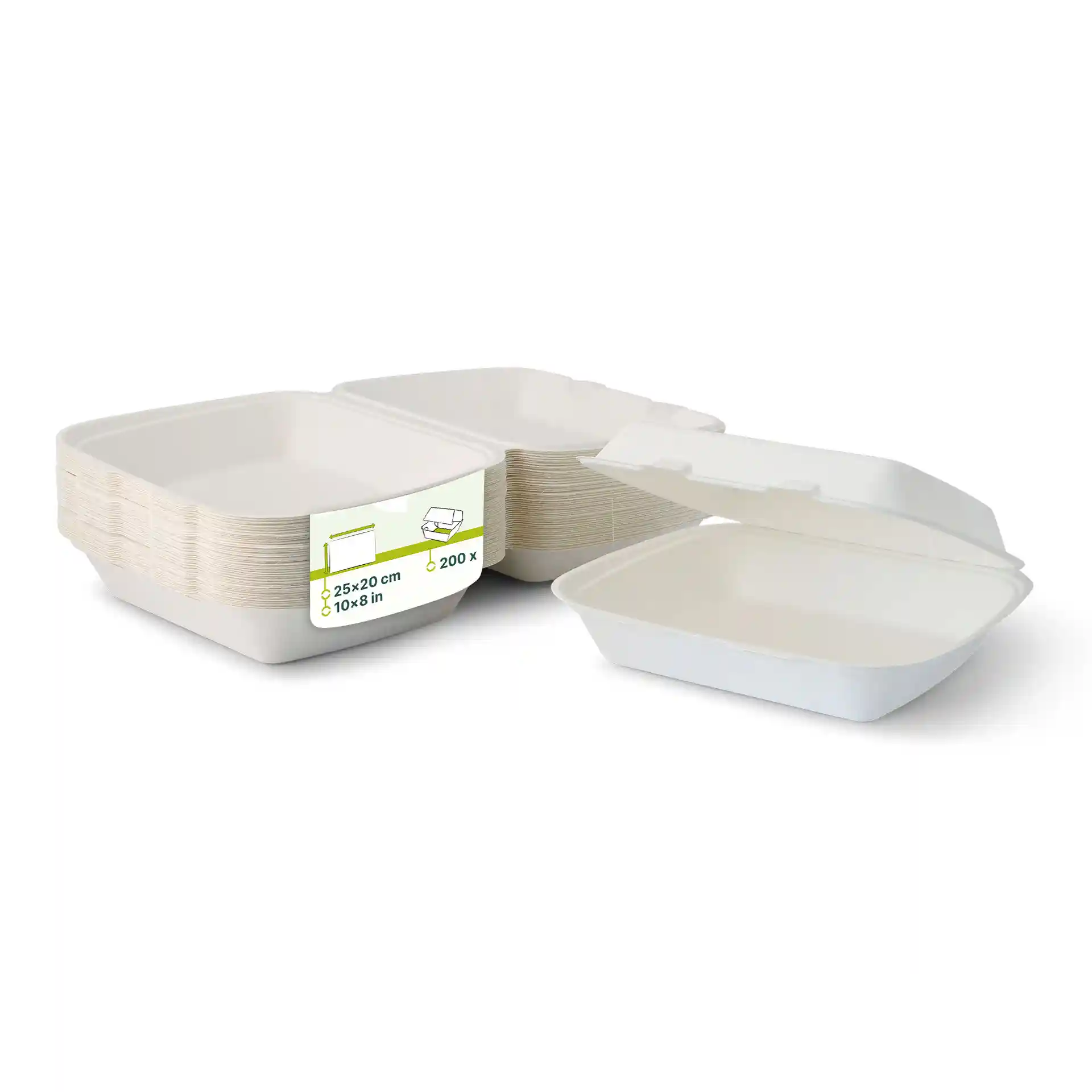 Stack of white rectangular sugarcane containers with hinged lids, measuring 25 x 20 cm, with several containers visible.