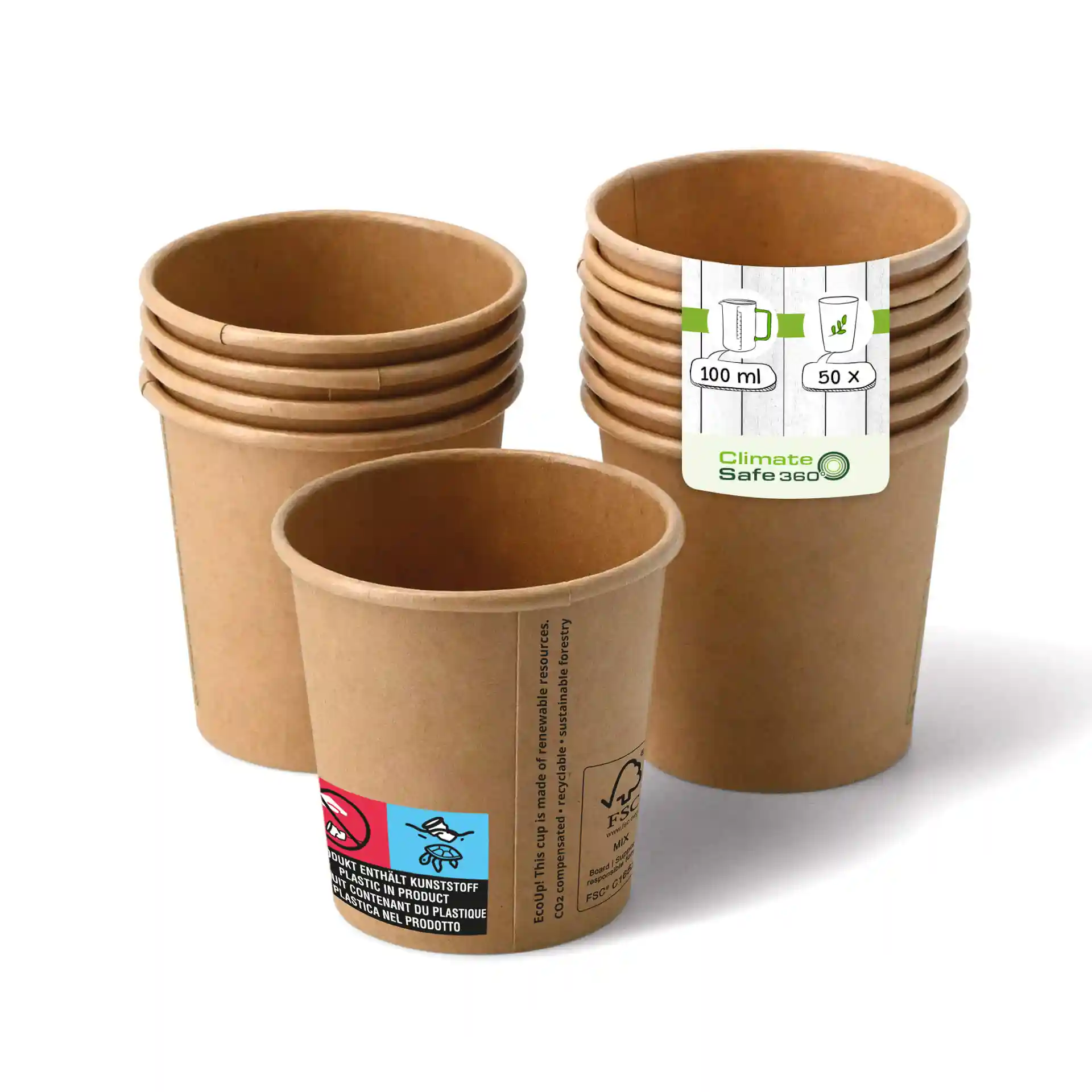 Brown paper cups stacked, with one cup in front showing a label, made of cardboard, 100 ml capacity.