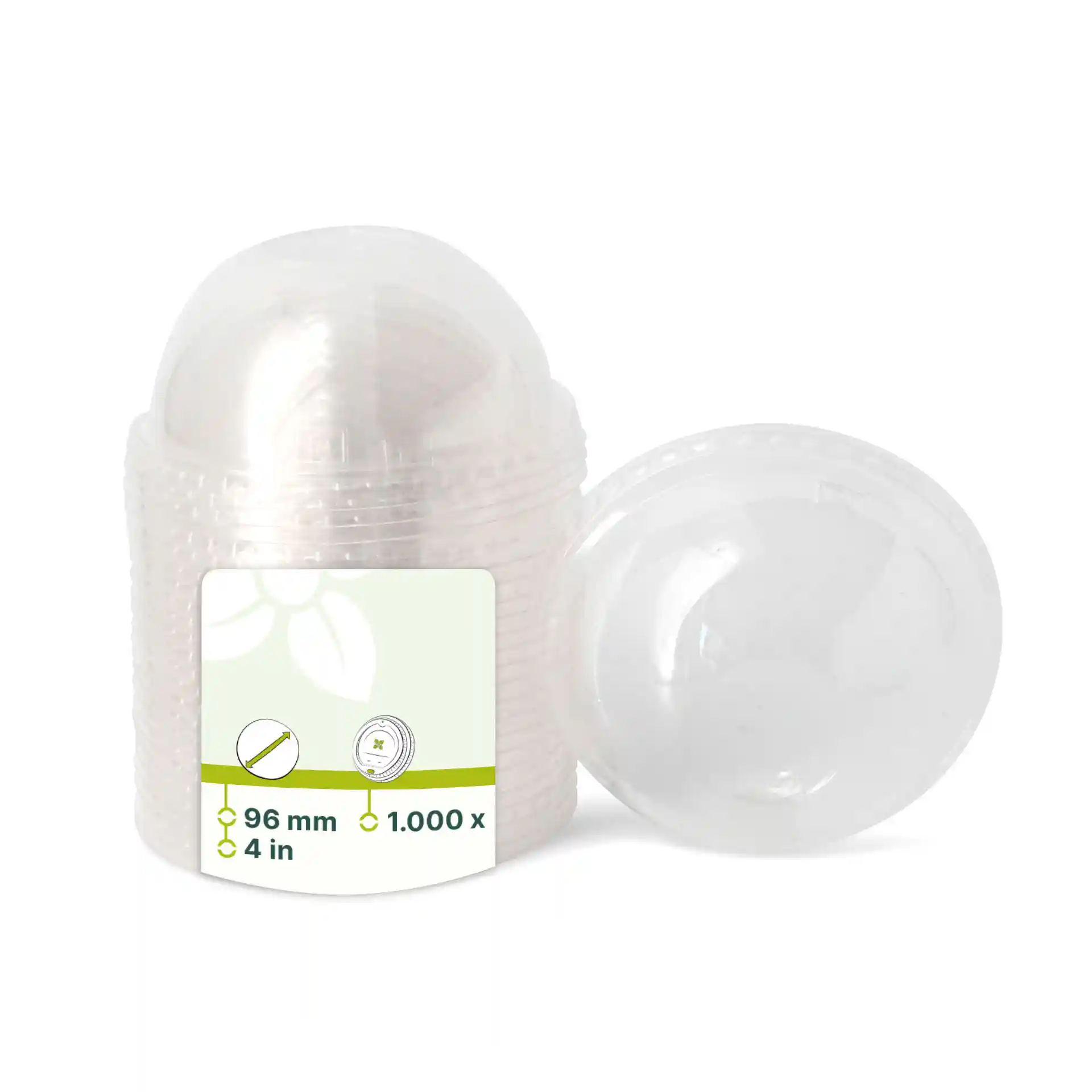 Transparent PLA dome lid with a diameter of 96 mm, shown with a label and another lid beside it.