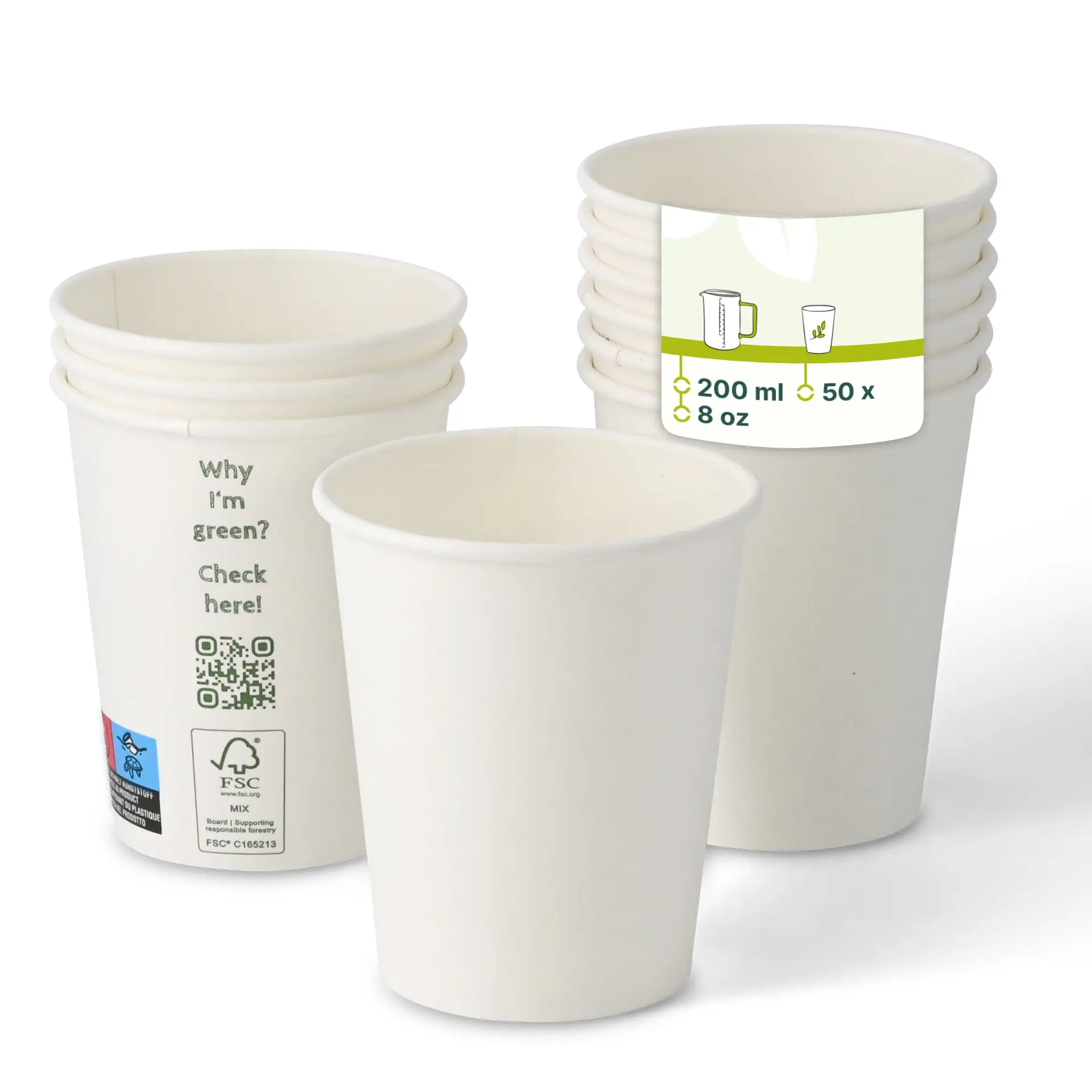 Paper cup 200 ml / 8 oz, Ø 80 mm, single wall, white, PLA-coated