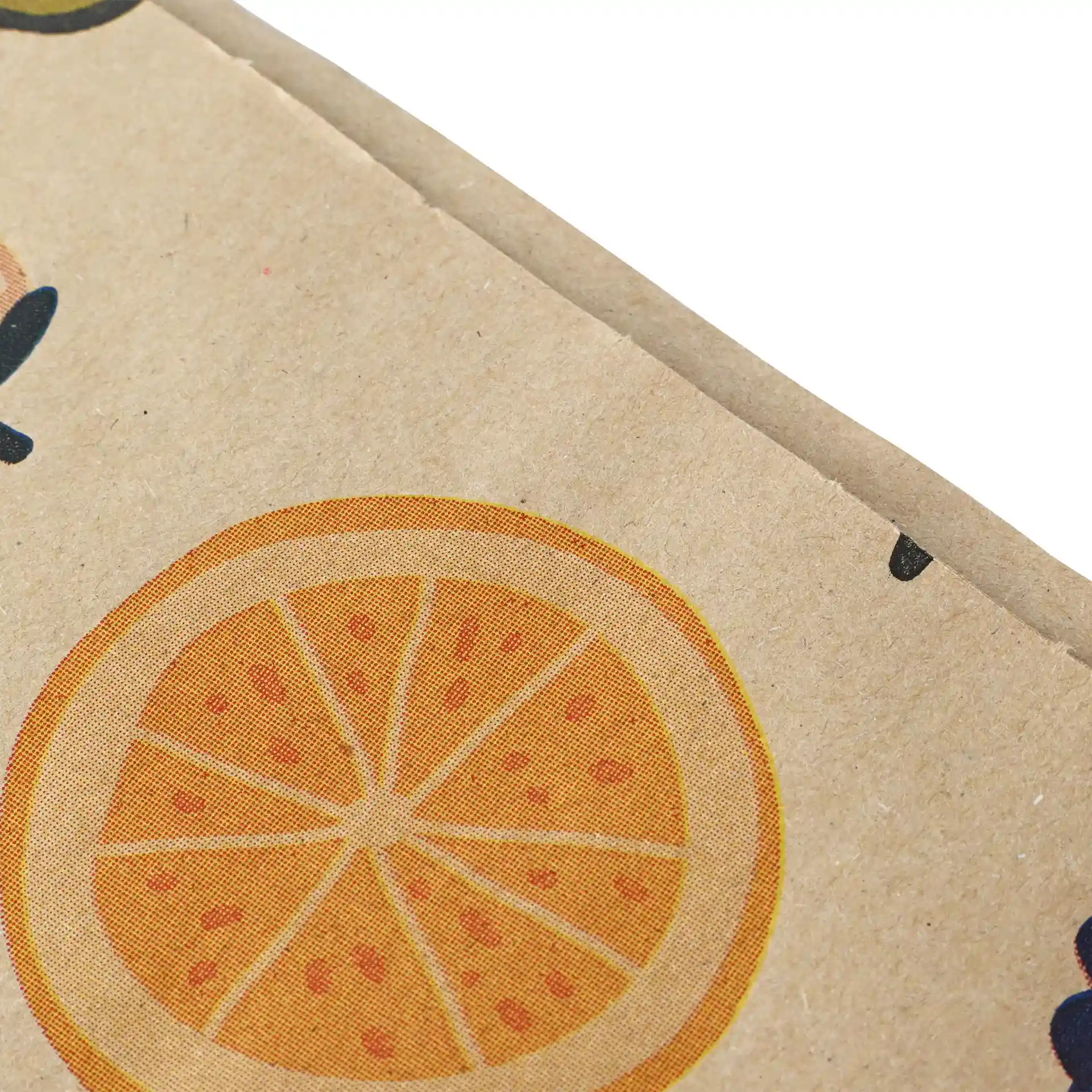 Brown paper cone bag with a fruit design, featuring a prominent orange slice illustration.