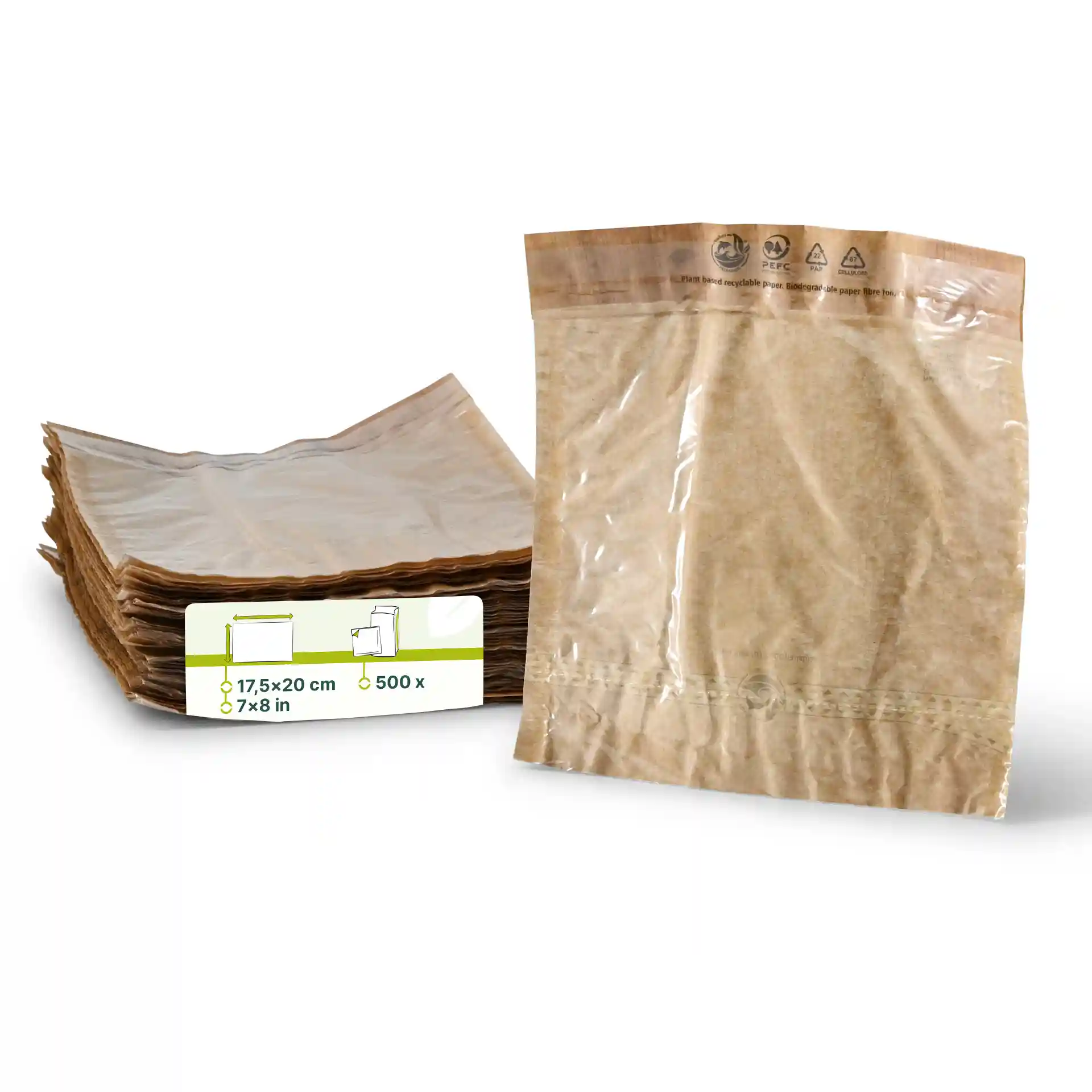 Stack of printed paper snack bags, 17.5 x 20 cm, with one bag displayed upright.
