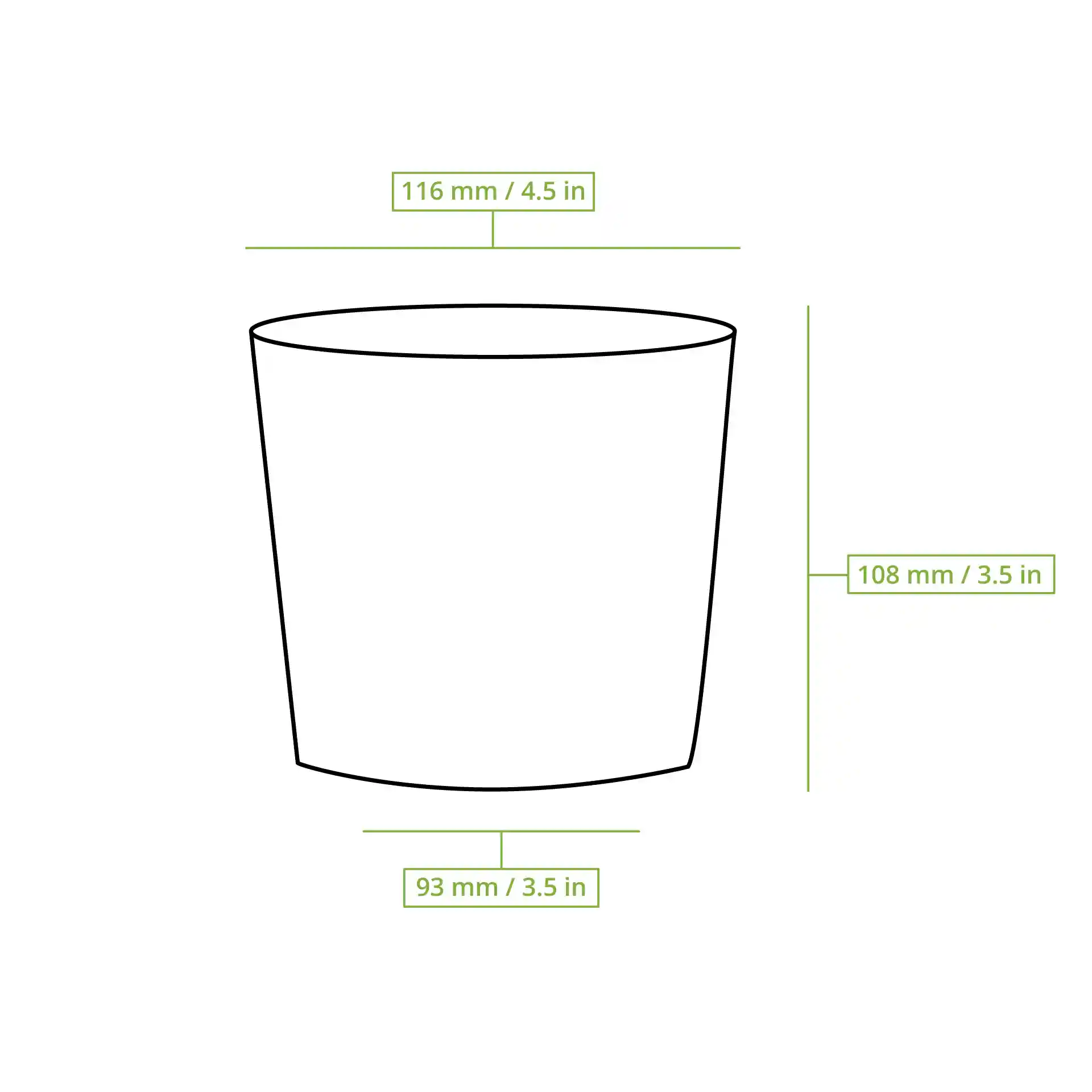 Schematic drawing of a round soup cup with dimensions: height 108 mm, top diameter 115 mm, bottom diameter 93 mm.