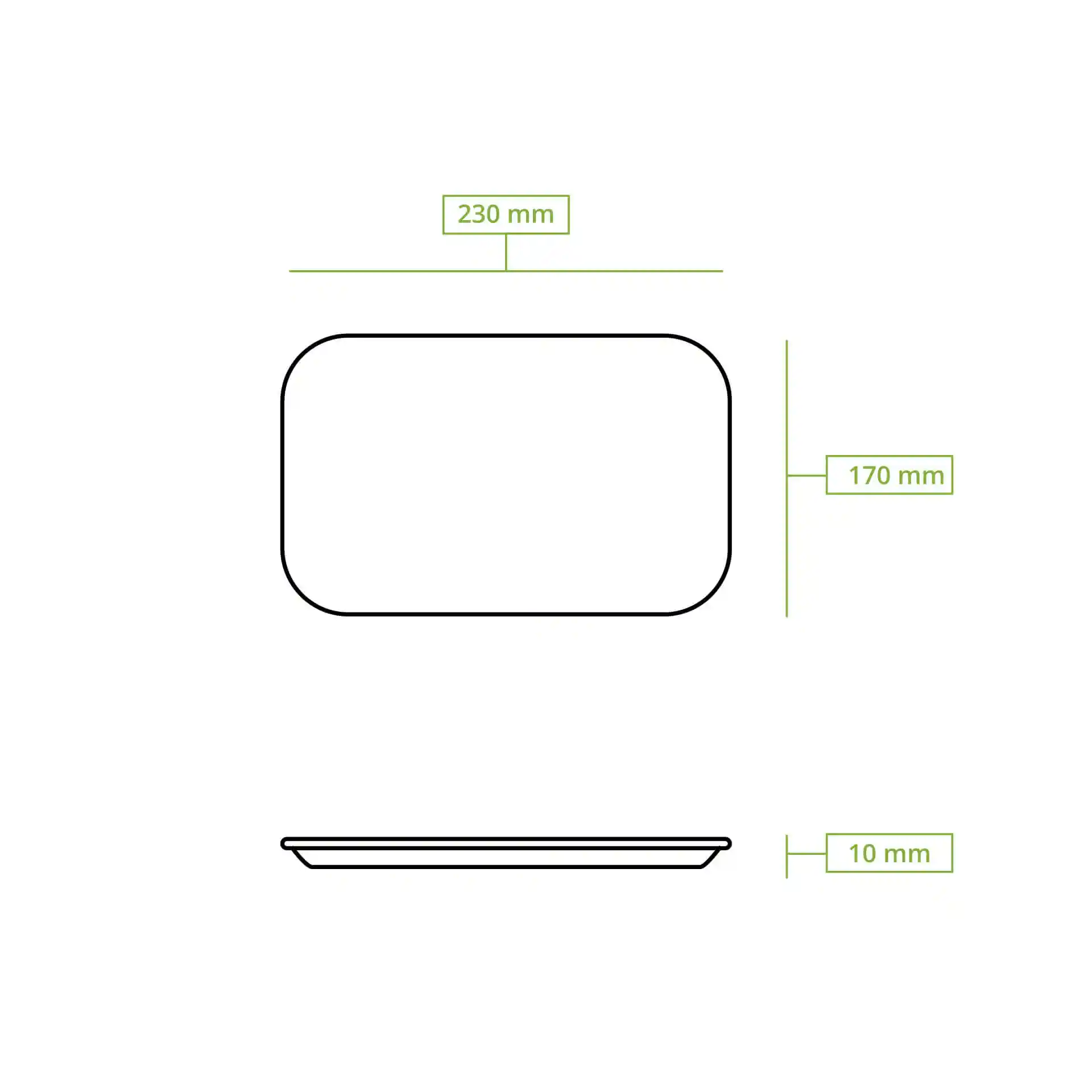 Schematic drawing of a rectangular paper plate with dimensions 230 mm by 170 mm and height 10 mm.