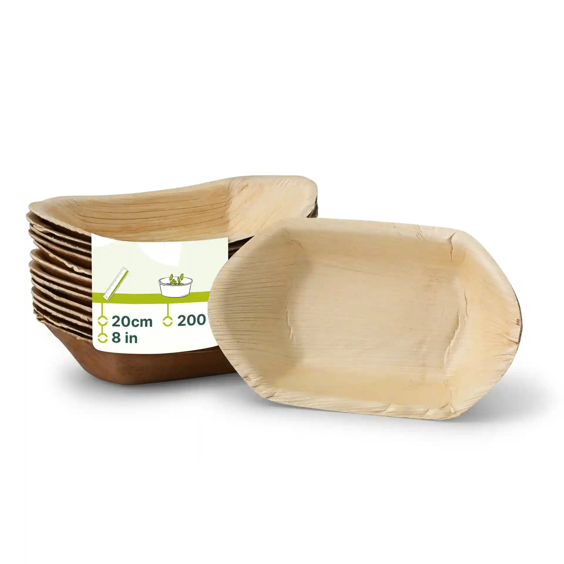 Deep palm leaf boat-shaped plates in a stack, with one plate displayed in front and a label showing dimensions.