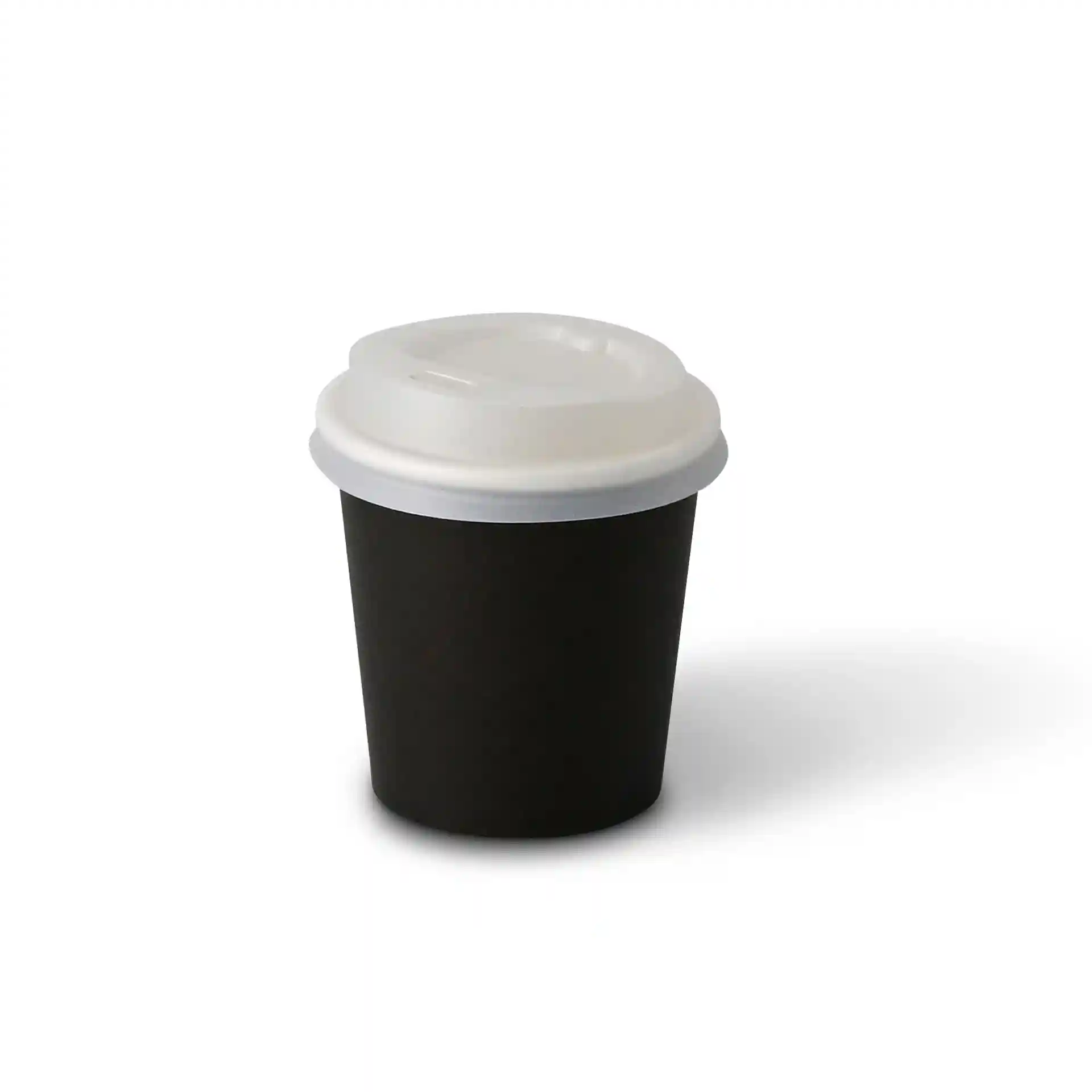 Black paper cup with a white lid, 100 ml capacity, single wall construction, and a diameter of 62 mm.