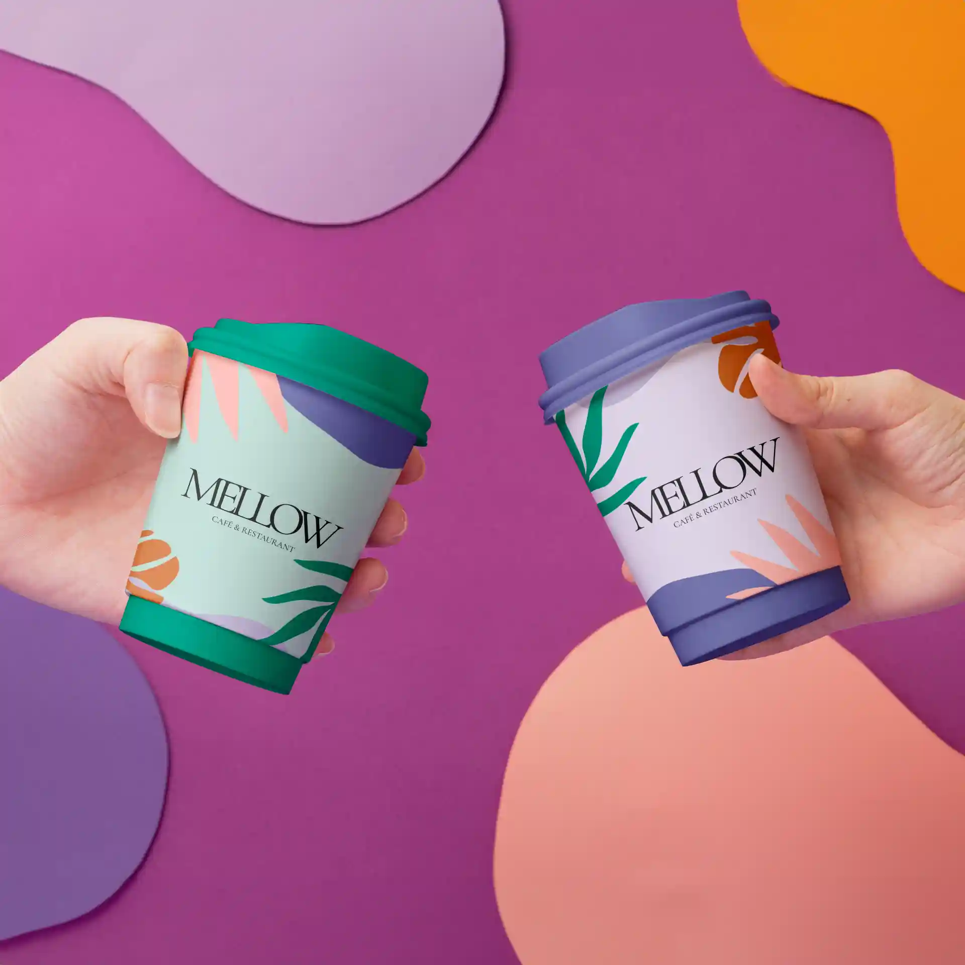 Two hands holding custom printed paper cups with colorful designs against a purple background.