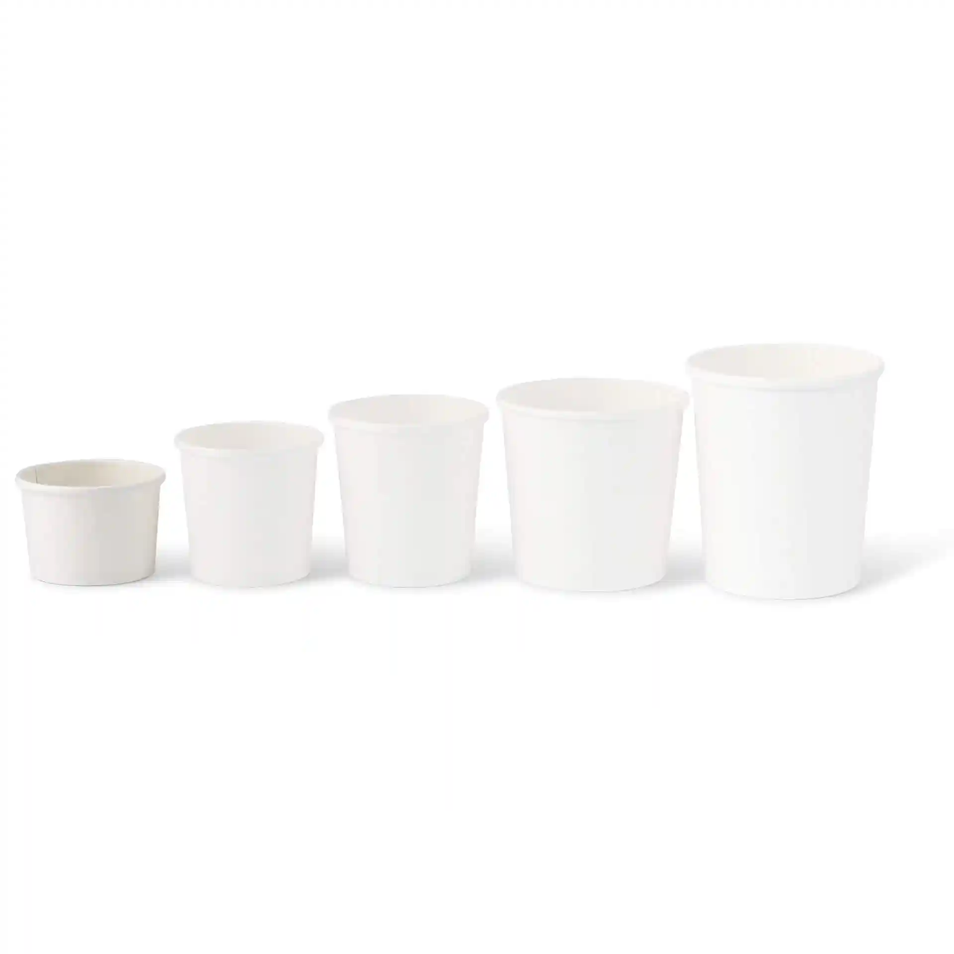 Five white paperboard takeaway soup containers of varying sizes arranged in a row.
