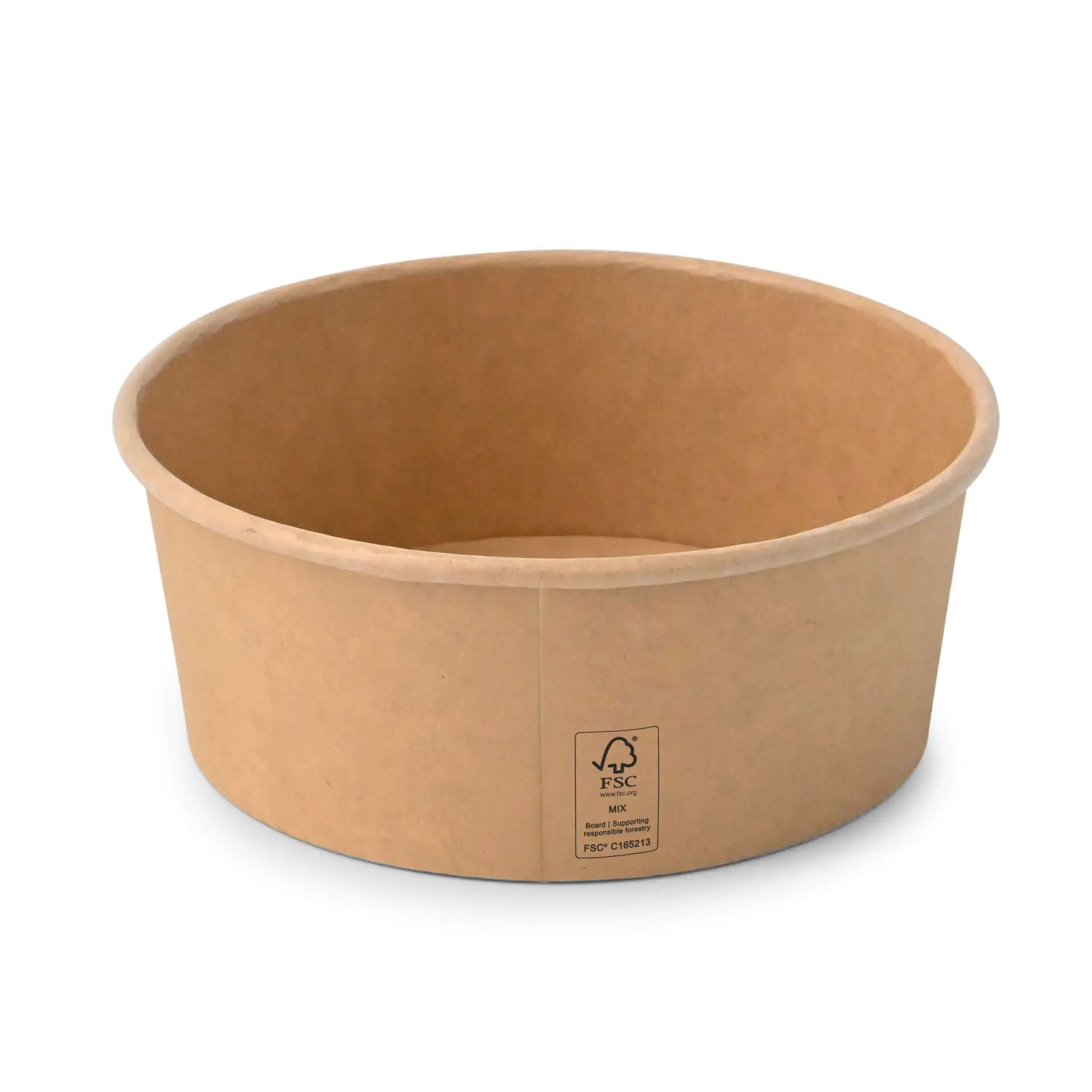 One brown, round paper salad bowl with a volume of 650 ml; features a Climate Safe 360 logo and PE-coating.