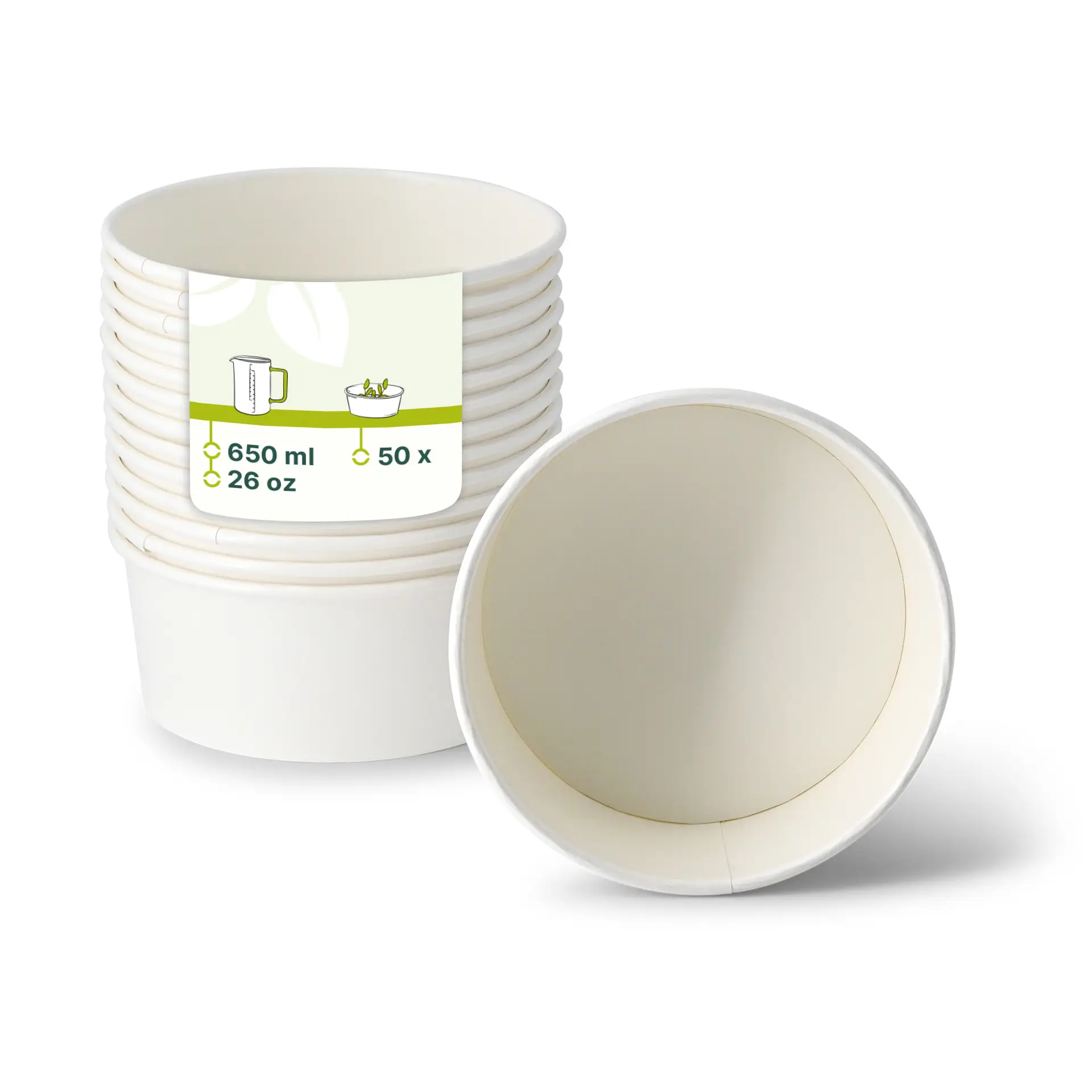 One white paper salad bowl with a PE-coated interior, stacked with several similar bowls. The bowl holds 650 ml and is suitable for hot and cold dishes.