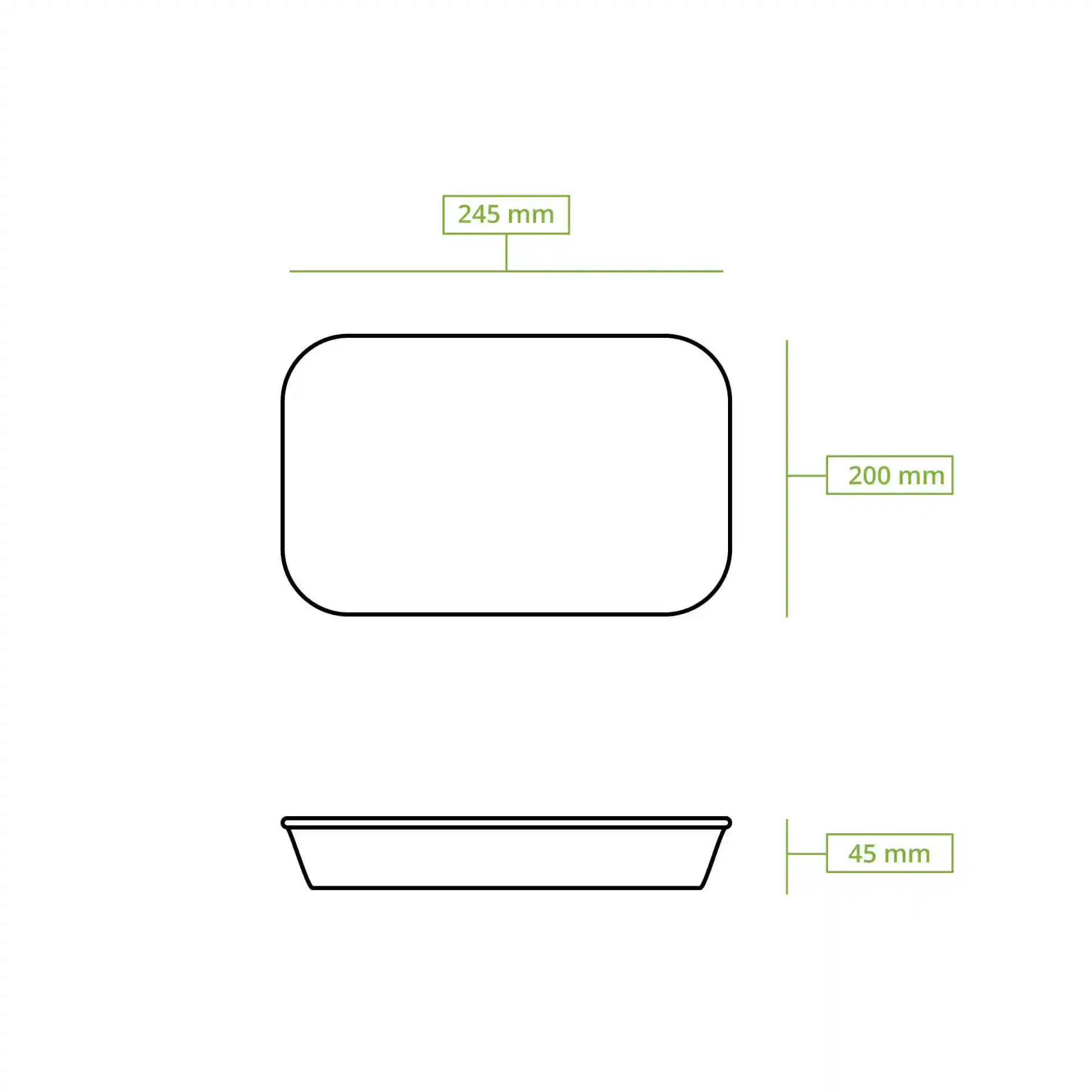 Schematic drawing of a rectangular container with dimensions 245 mm length, 200 mm width, and 45 mm height.