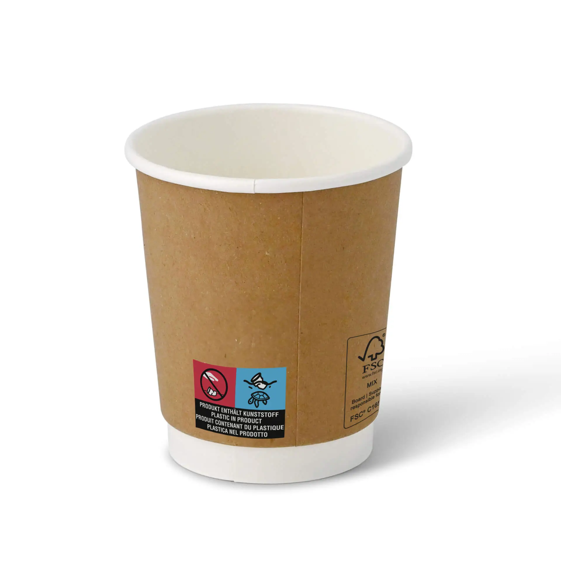 Brown double-walled cardboard coffee cup with a white interior and visible labels on the side.