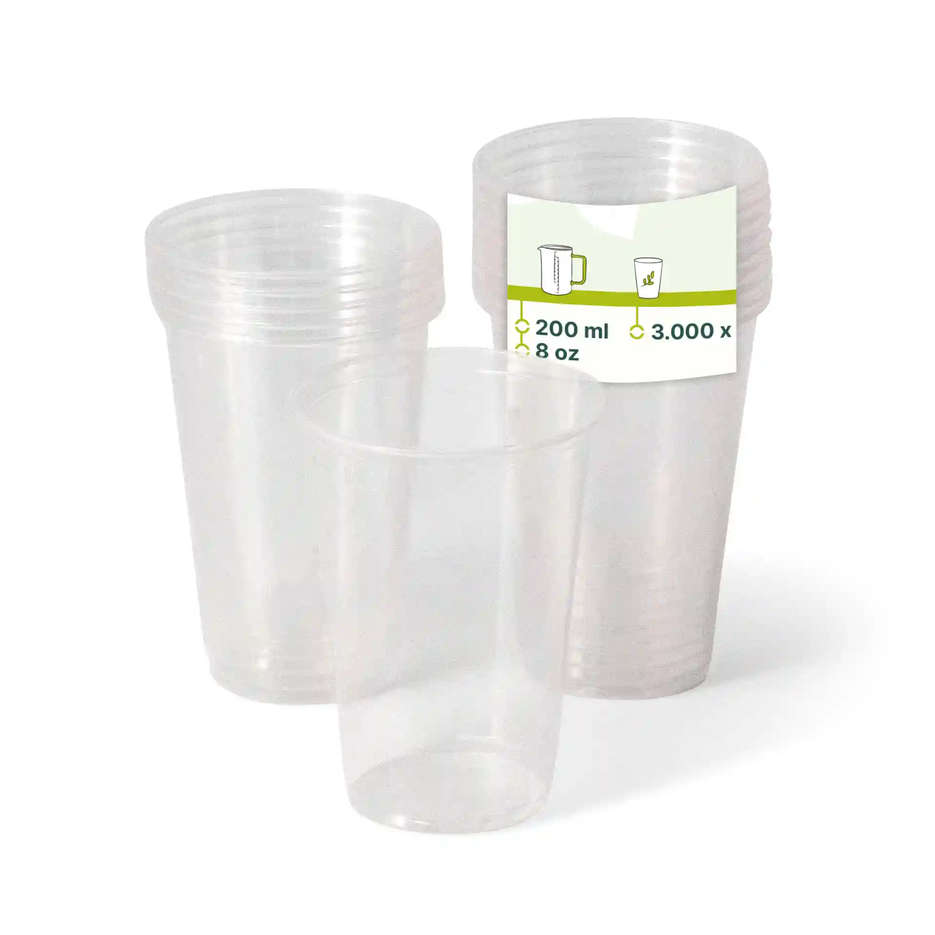 Transparent plastic cups stacked, with one cup in front showing a label indicating 200 ml capacity.