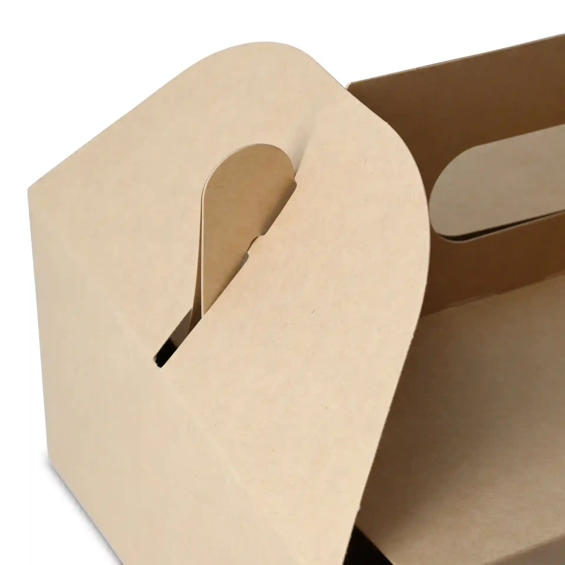 Brown cardboard pastry box with a handle, rectangular shape, and foldable design.