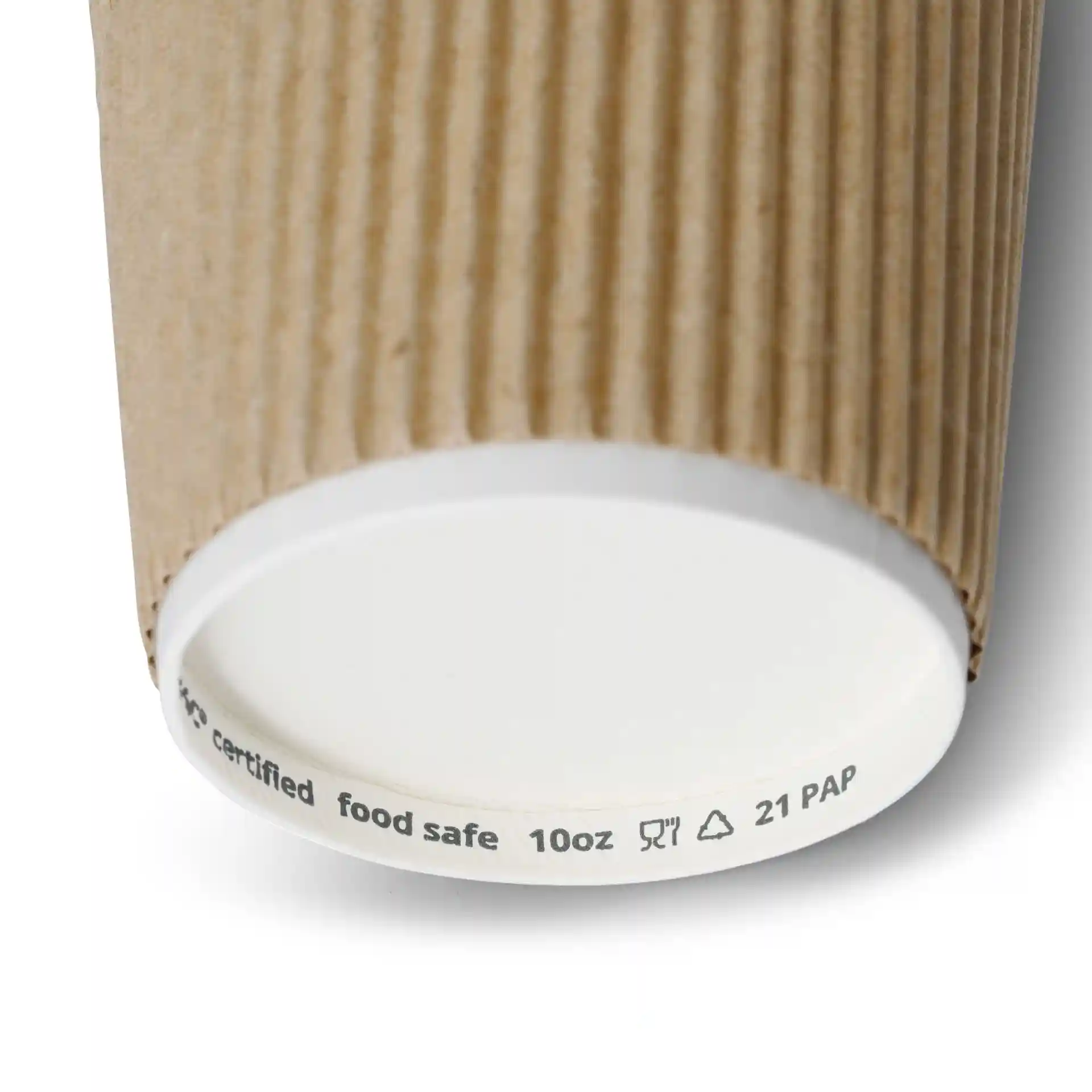 Brown ripple coffee cup with a white inner lining, showing the bottom with a circular base and markings.