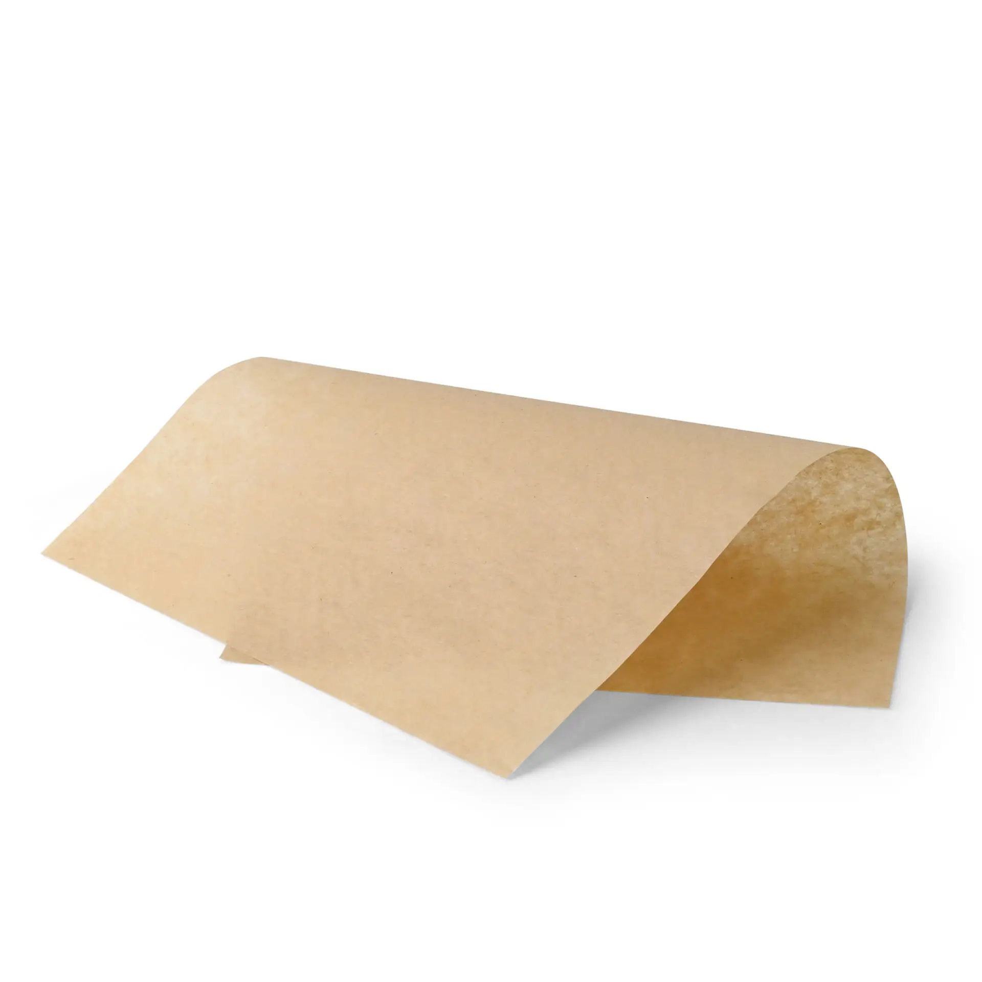Brown greaseproof wrapping paper, 18 x 25 cm, folded at one edge, suitable for hot and cold foods.