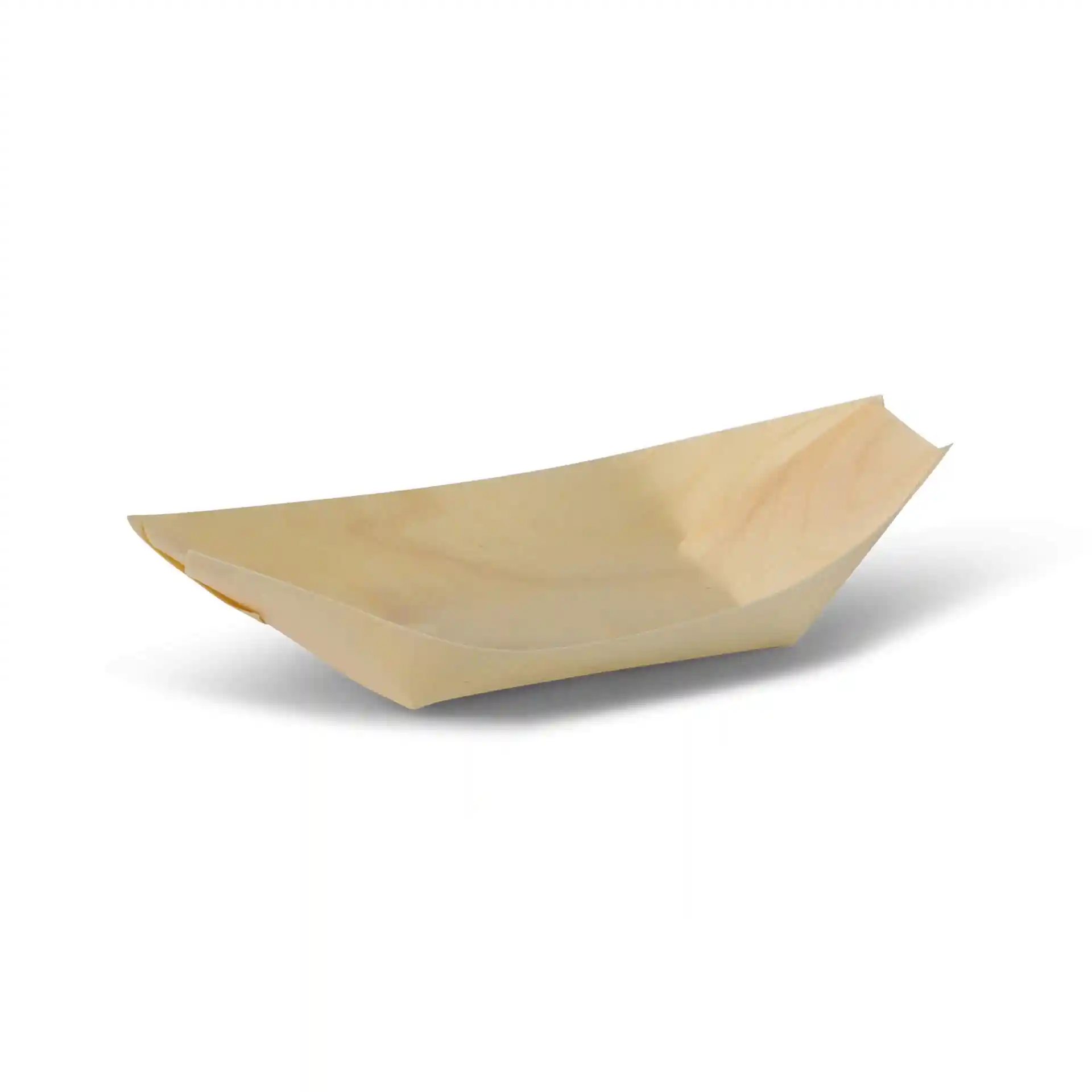 Wooden boat-shaped serving tray in light brown, measuring 17 cm in length, 9.5 cm in width, and 3.6 cm in height.