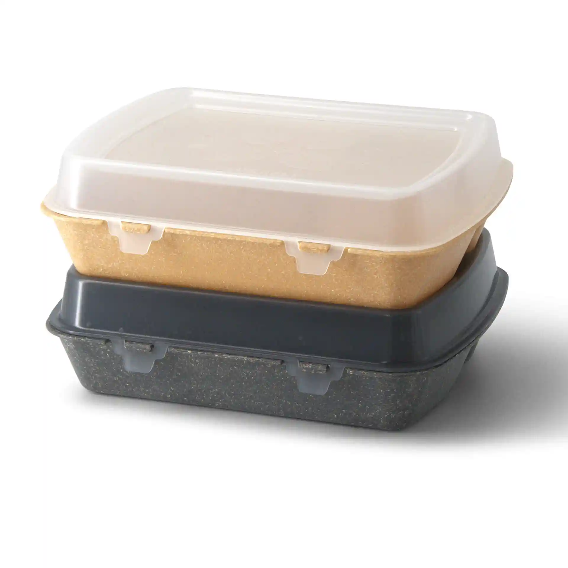 Stacked reusable meal containers with a caramel top and brown bottom, featuring three compartments and clear lids.