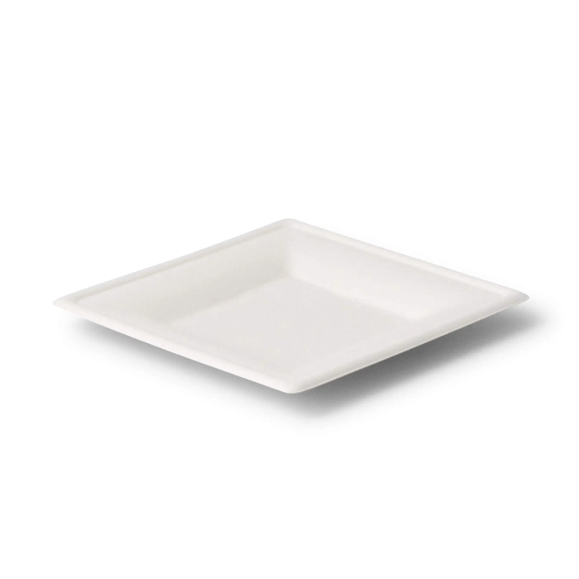 White square sugarcane plate, 16 x 16 cm, suitable for hot and cold dishes, biodegradable material.