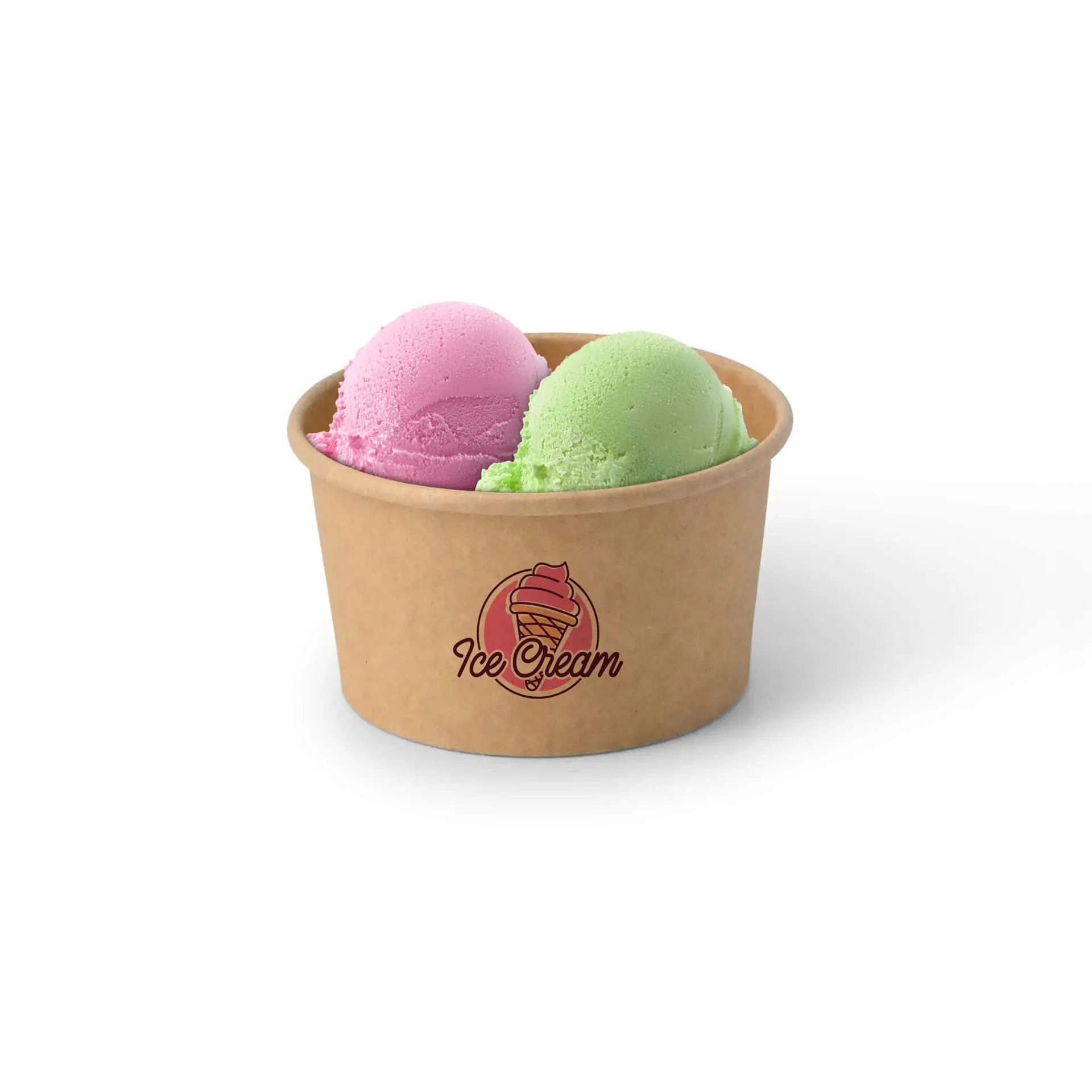 Custom-printed brown ice cream cup with pink and green ice cream scoops, featuring an "Ice Cream" logo on the front.