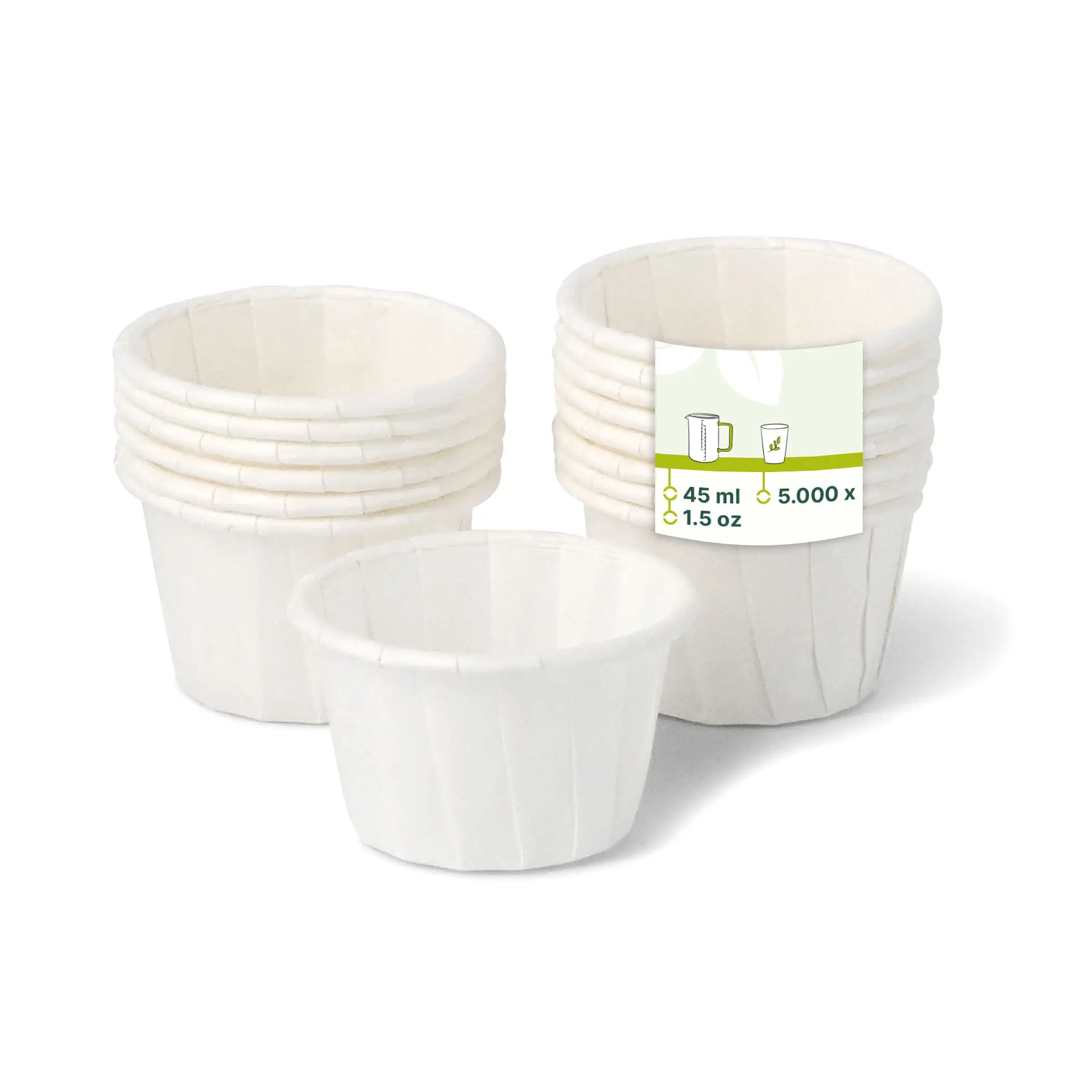 White paper cups with a grease-resistant finish, suitable for dips and small portions, arranged with a label showing capacity details.