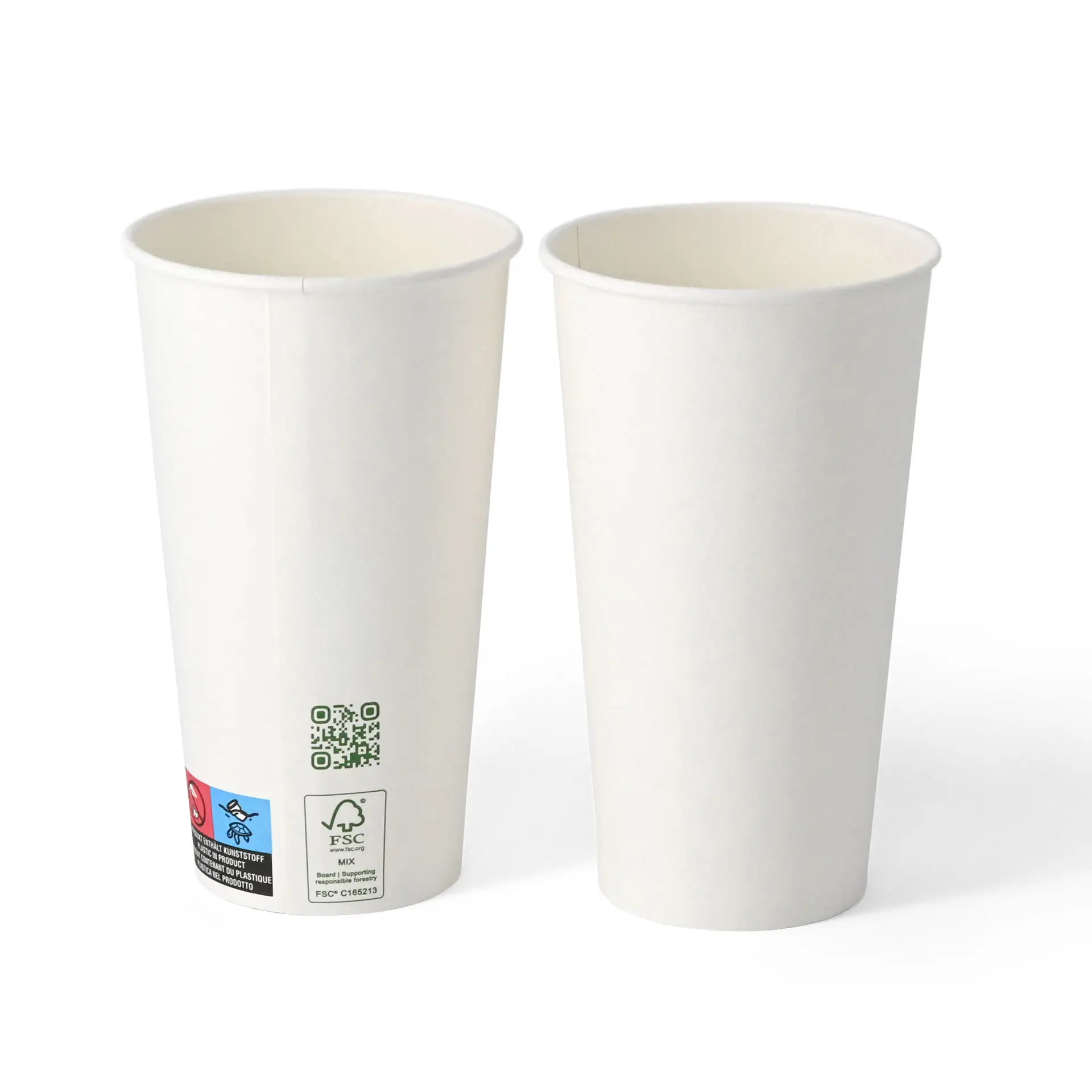 Single-wall white paper cup, 500 ml, coated with PLA, featuring a QR code and information about sustainability.