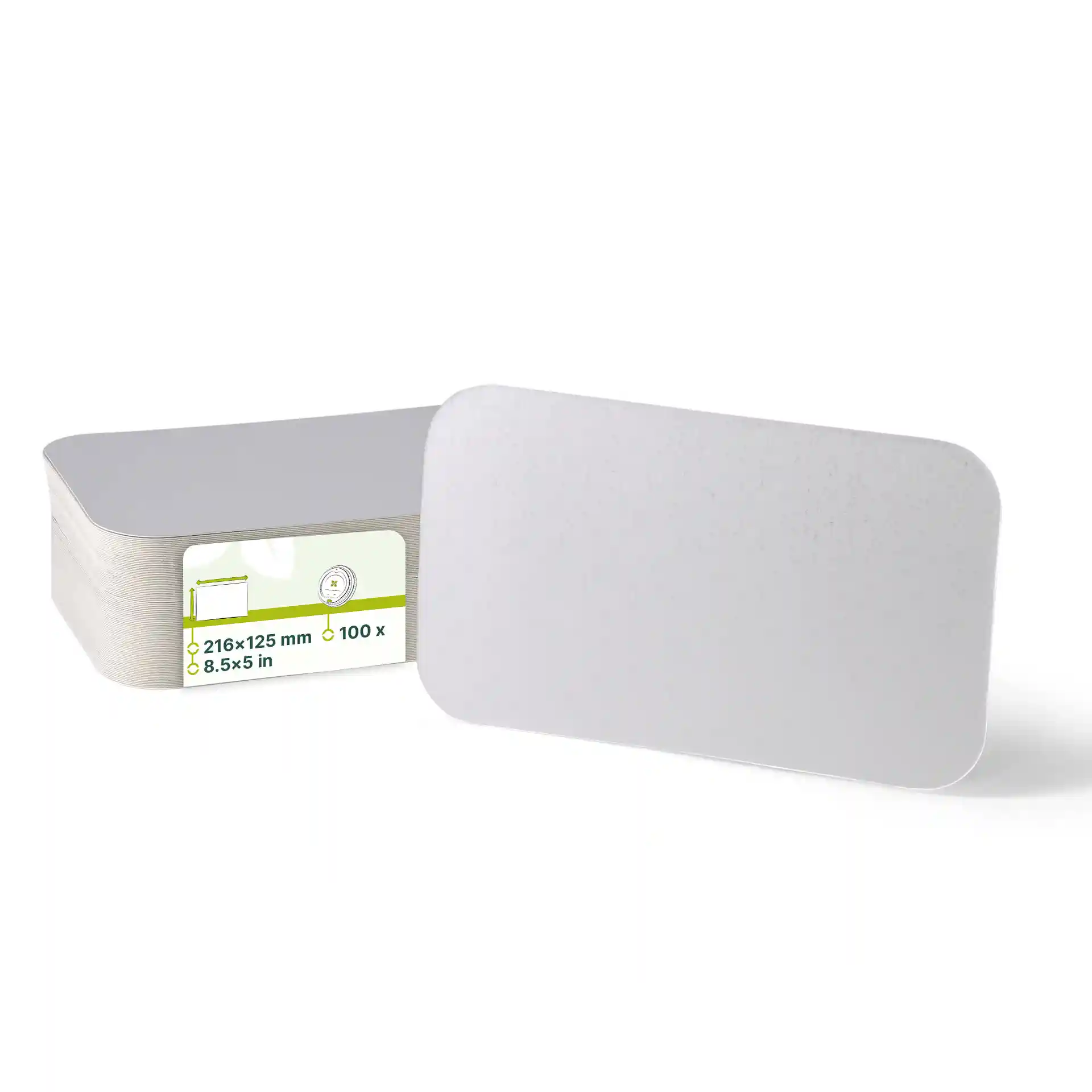 Rectangular aluminium cardboard lid for a 650 ml container, measuring 216 mm by 125 mm.