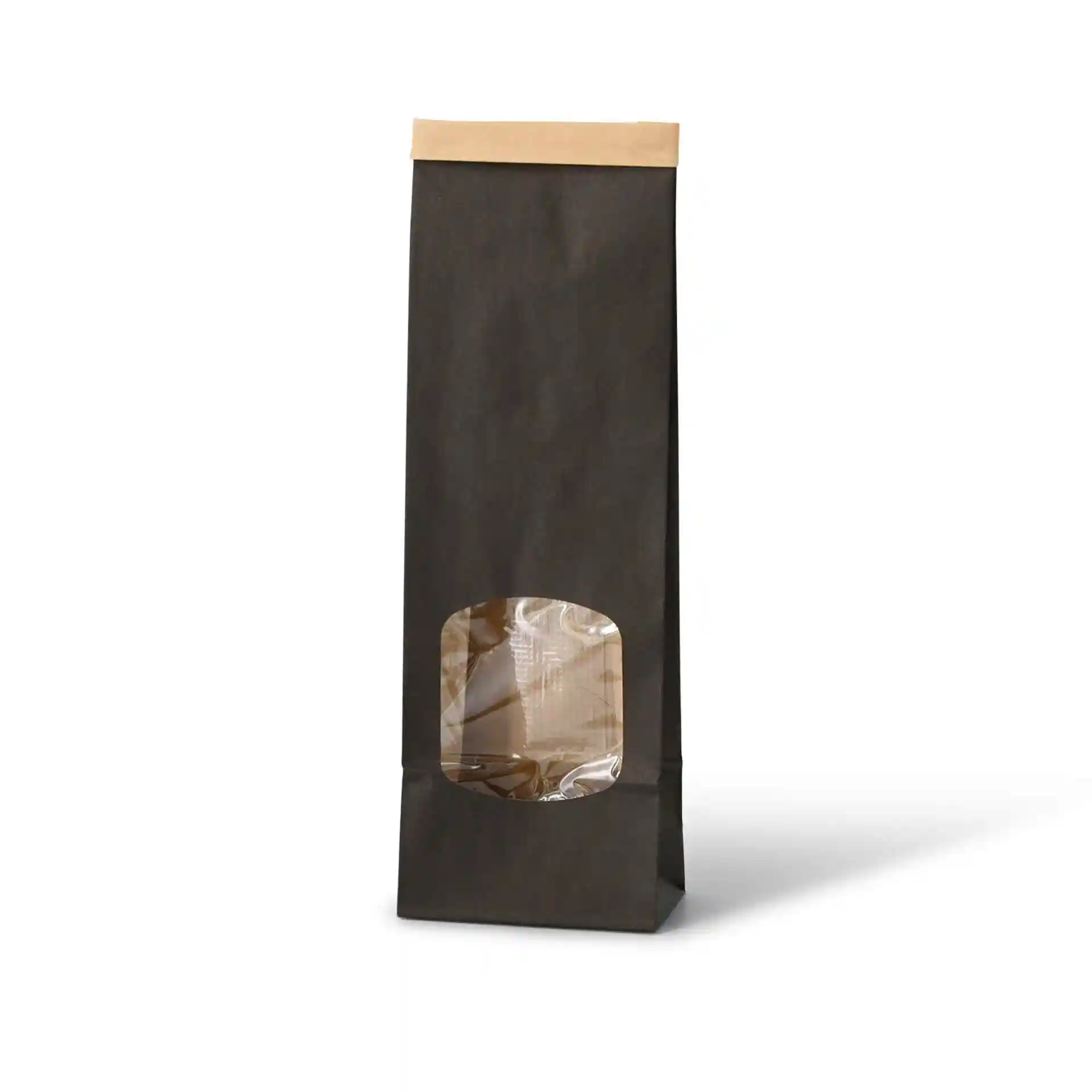 Black block bottom bag with a transparent window, kraft paper top, dimensions 9 x 4.5 x 27.5 cm.