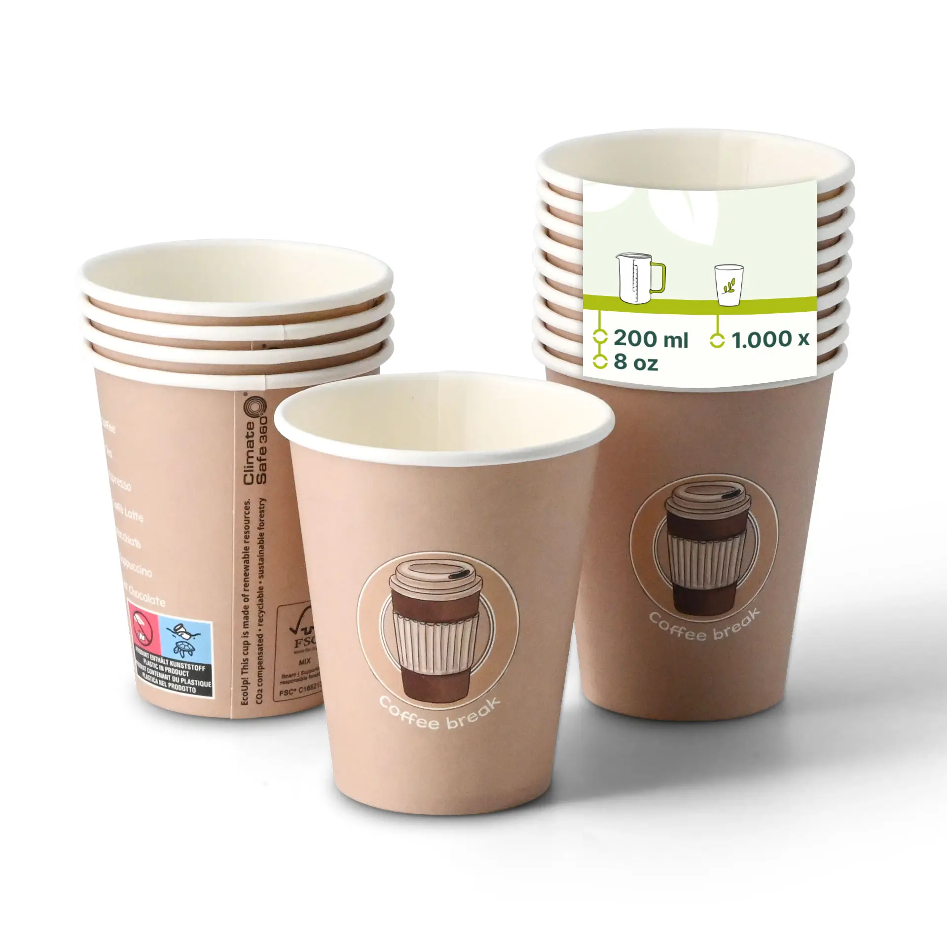 8 oz Paper cup printed with "Coffeebreak" (coated), Ø 80 mm, white con10033-01-0-pappbecher-bedruckt-coffeebreak-beschichtet-200-ml-8-oz-80-mm-weiss