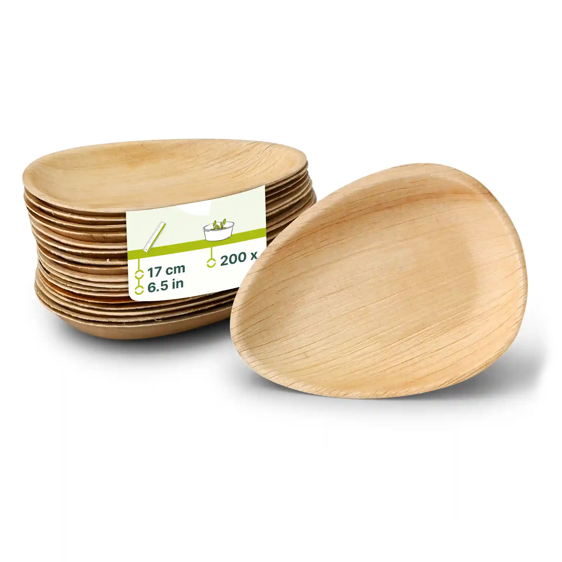 Stack of oval palm leaf plates, 17 cm in size, with a label showing quantity of 200 and dimensions.