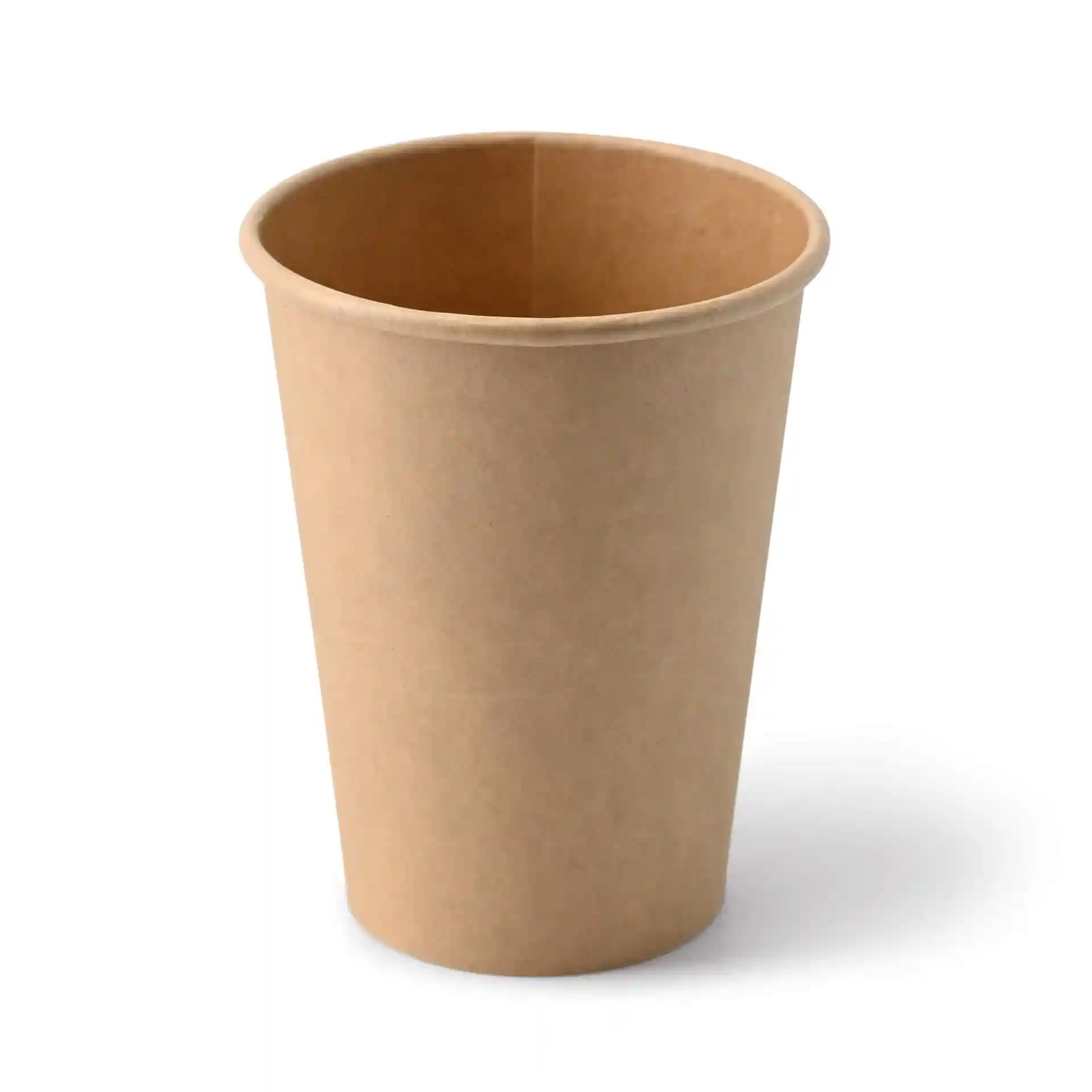 Brown paper cup with a round shape, 12 oz capacity, made of cardboard, shown from an angle.