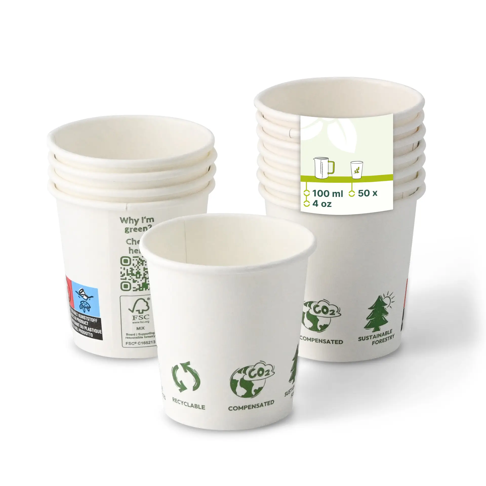 Paper cup 100 ml / 4 oz, Ø 62 mm, “EcoUp©” icons, single wall, white, PLA-coated