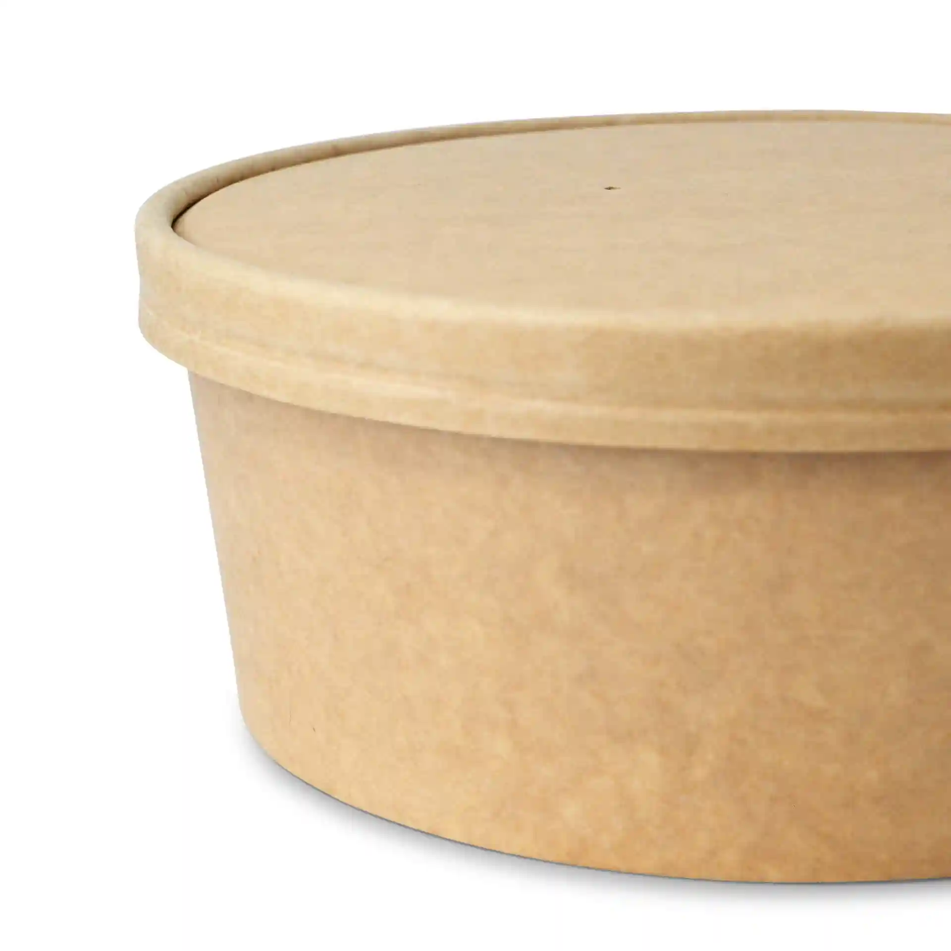 Brown cardboard round container with a lid, showing a smooth surface and a small hole on top.