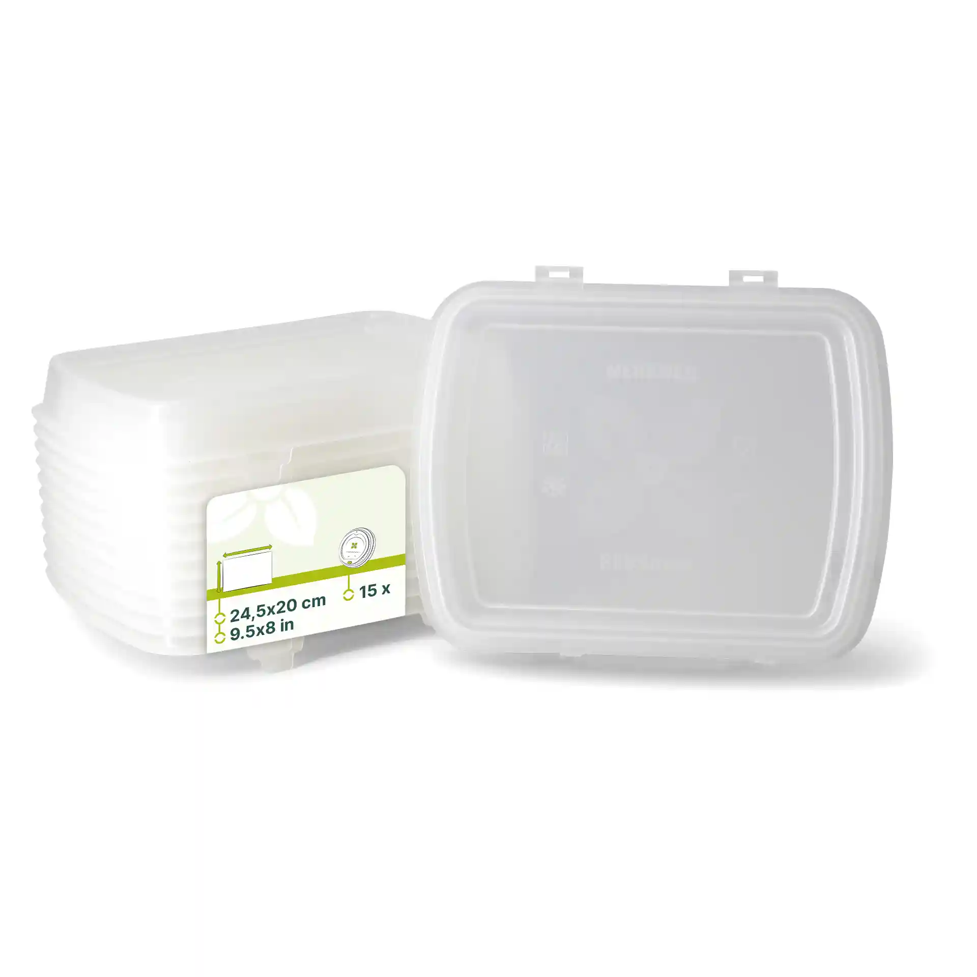 Transparent reusable storage containers with lids, measuring 24.5 x 20 x 4.5 cm, stacked with a label visible.