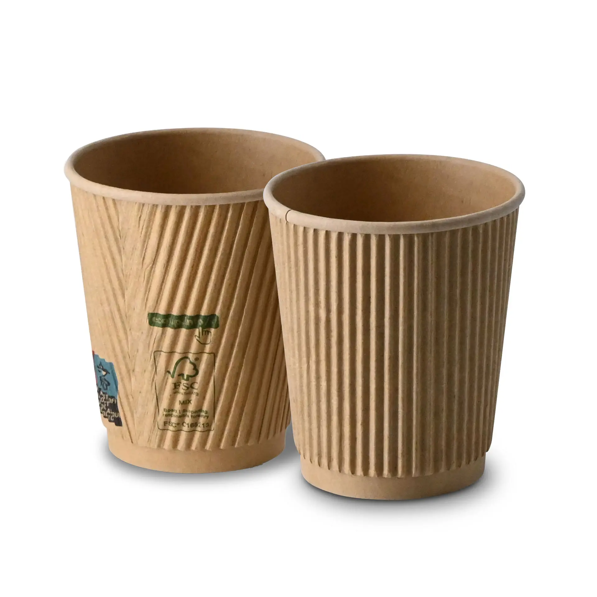 One 8 oz brown ribbed disposable coffee cup with PLA coating; another similar cup with a label showing QR code and sustainability info.