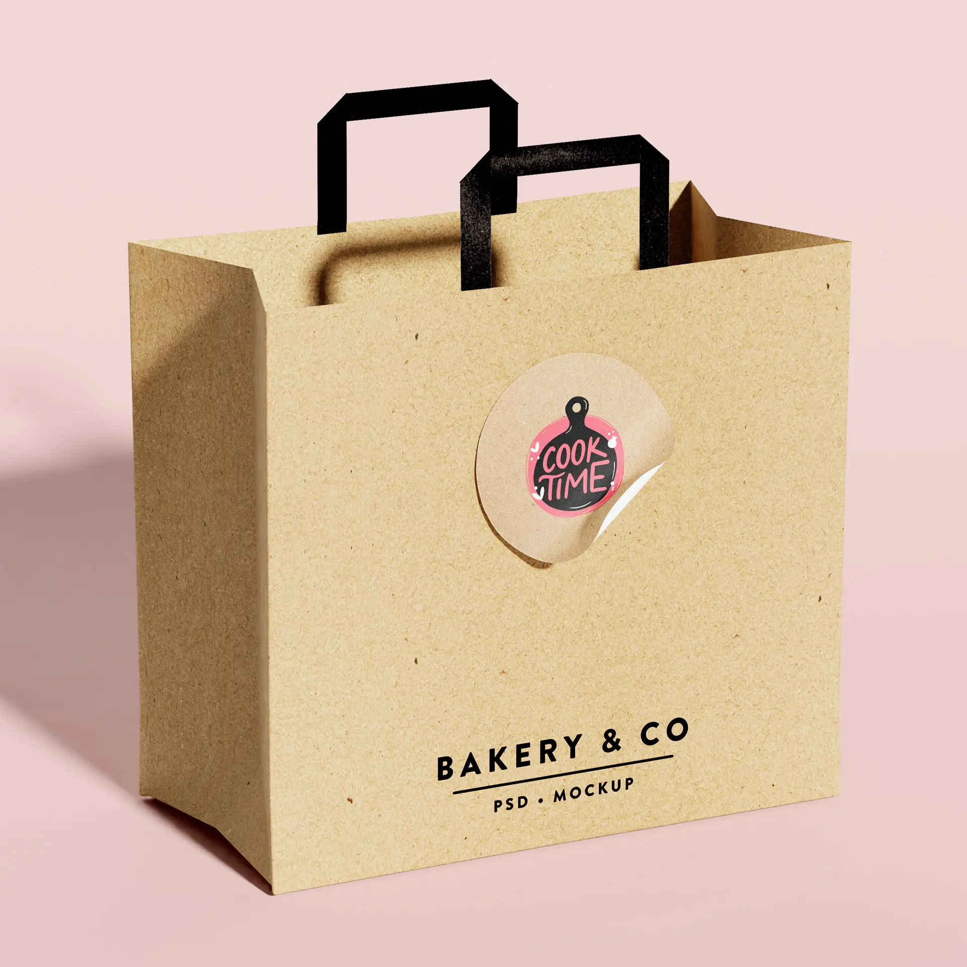 Brown kraft paper bag with black handles, featuring a circular label that reads "Cook Time" and brand name "Bakery & Co."