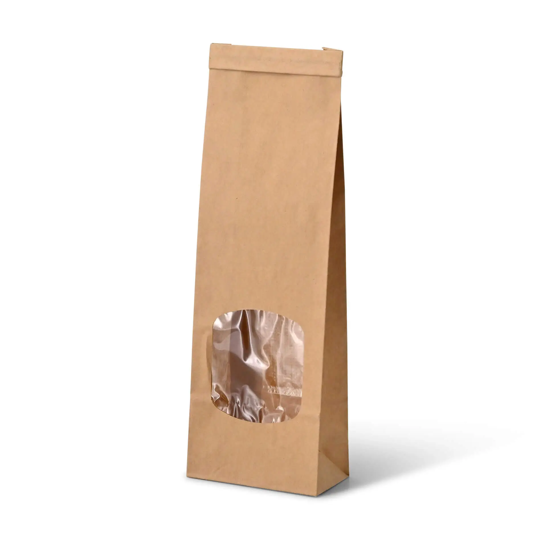 Brown block bottom paper bag with a clear window, suitable for aromatic goods, featuring a tin tie closure.