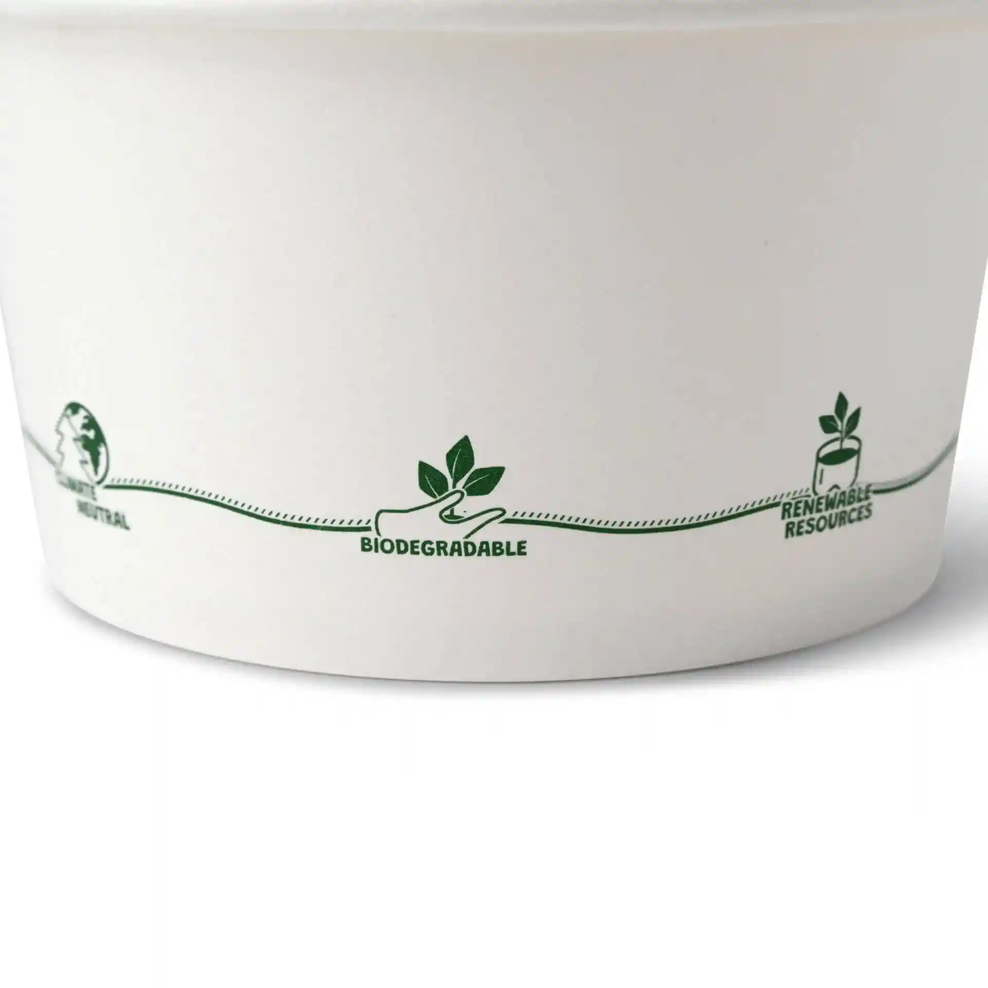 White cardboard soup container with printed green icons depicting environmental claims.