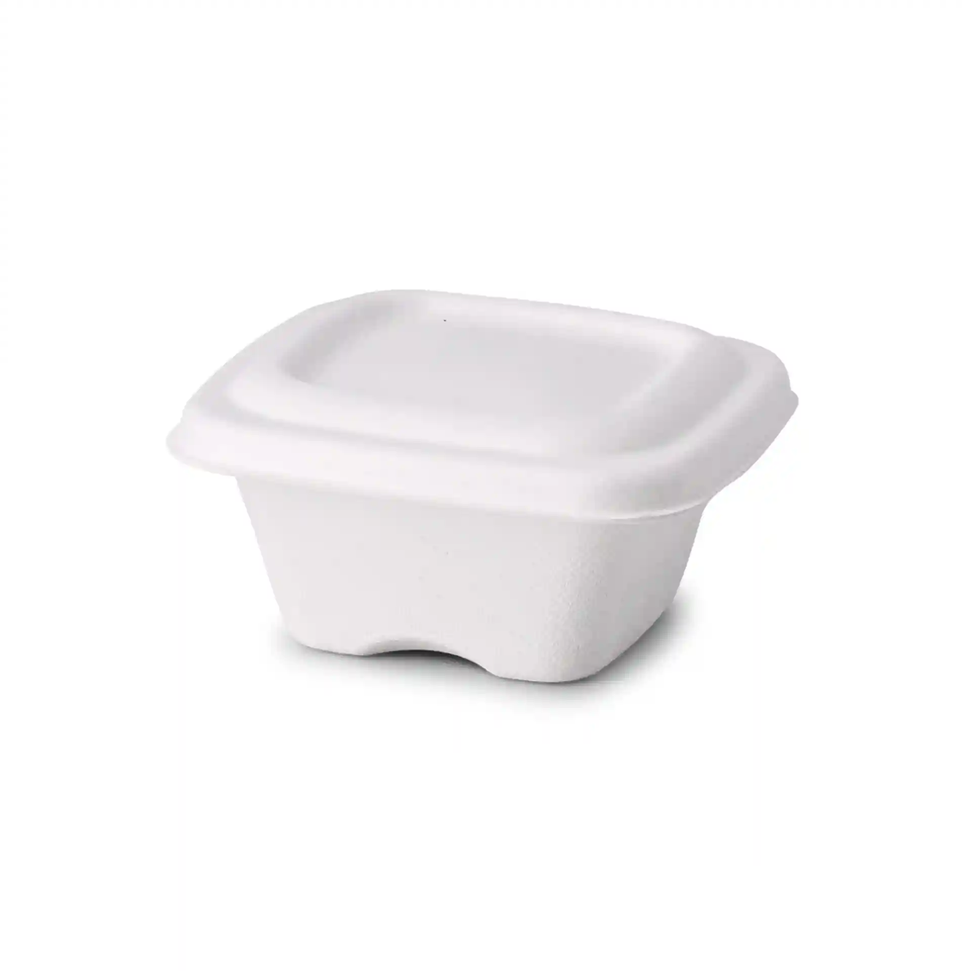 White square bagasse portion cup with a lid, measuring 81 x 81 x 37 mm, made from sugar cane material.